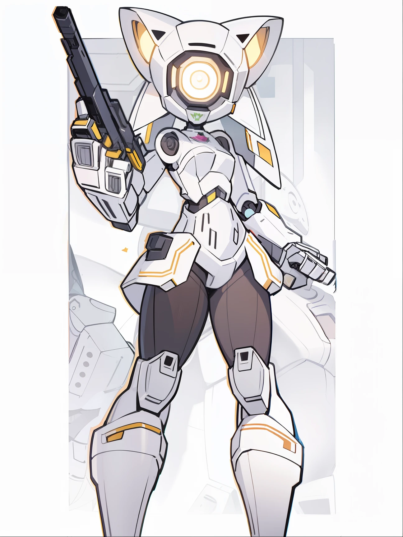 uma imagem de desenho animado de um gato com uma arma e um capacete, ferra mecha branco, female mecha, em mecha cyber armor, Eco de Overwatch, terno mecha, mecha inspirado, em armadura futurista branca, terno mecha de corpo inteiro, mecha branco, Retrato Armored Astronauta Meninaa humano, cybernetic suit, Armadura Mecha