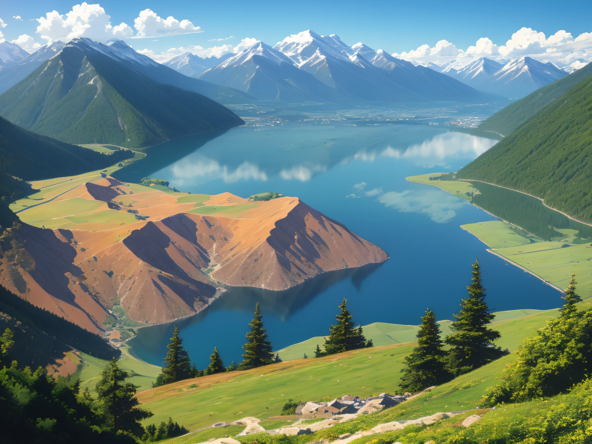 masterpiece anime landscape with mountains hills and a lake