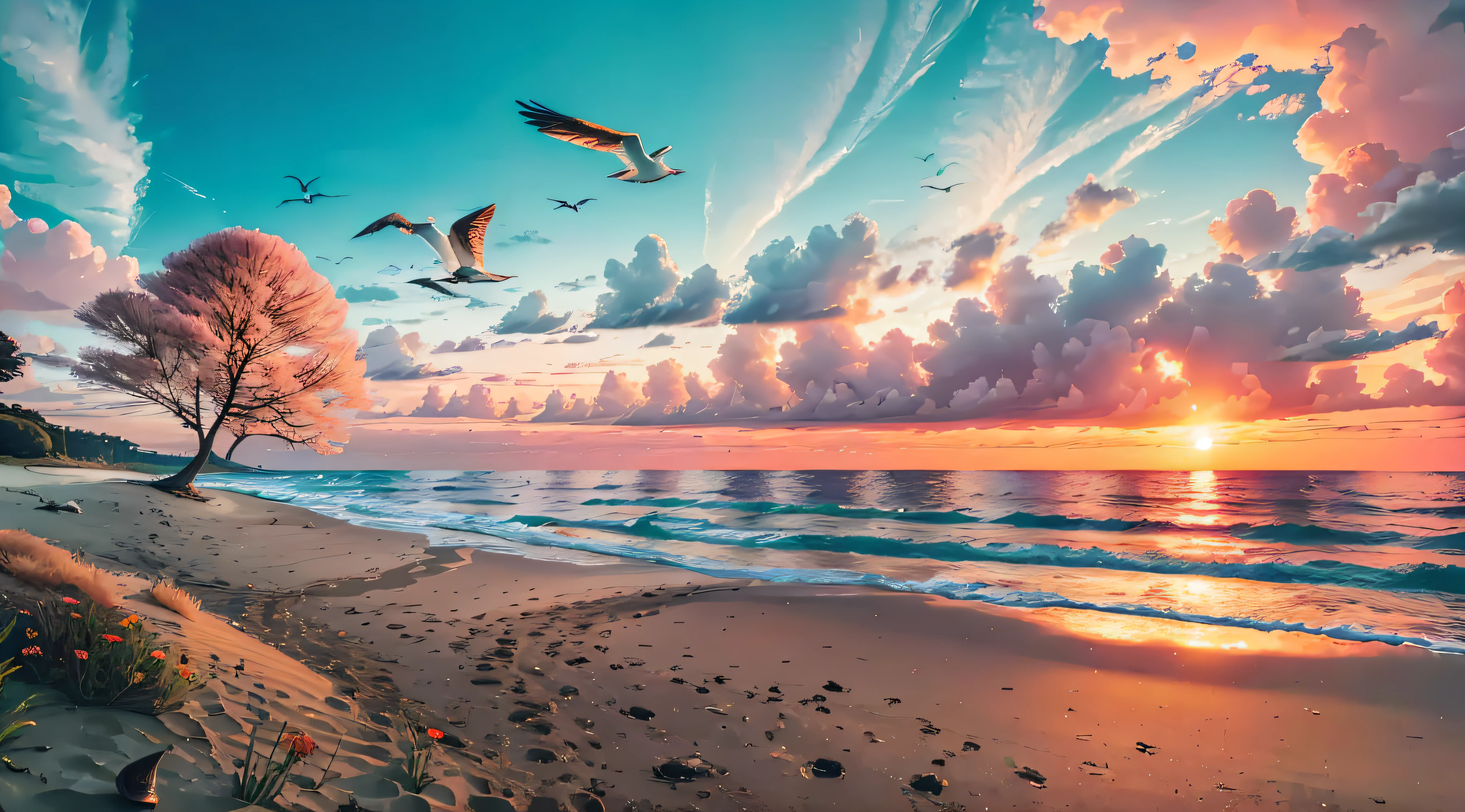 Sunset over the sea,There is a sandy beach,sea shell,Colorful trees,Burning clouds,seagulls,There is a small meadow in the middle of the sea,A small woods --auto