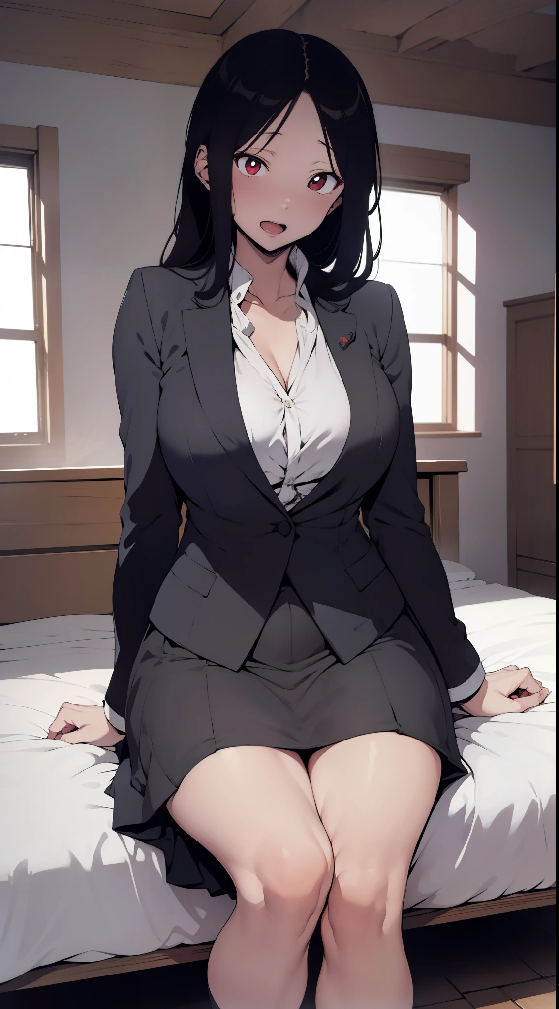 one woman,slategray skirt,lightslategray suit,white dress shirt,sexy pose,sitting in a chair,tiny breasts,tall of a person,gleaming skin,beautiful face,sharp eyes,open mouth,cool face,long hair,wave hair,black hair,red eyes,love hotel,on the bed,illustration style,anime style,masterpiece, extremely fine and beautiful,illustration,adult woman