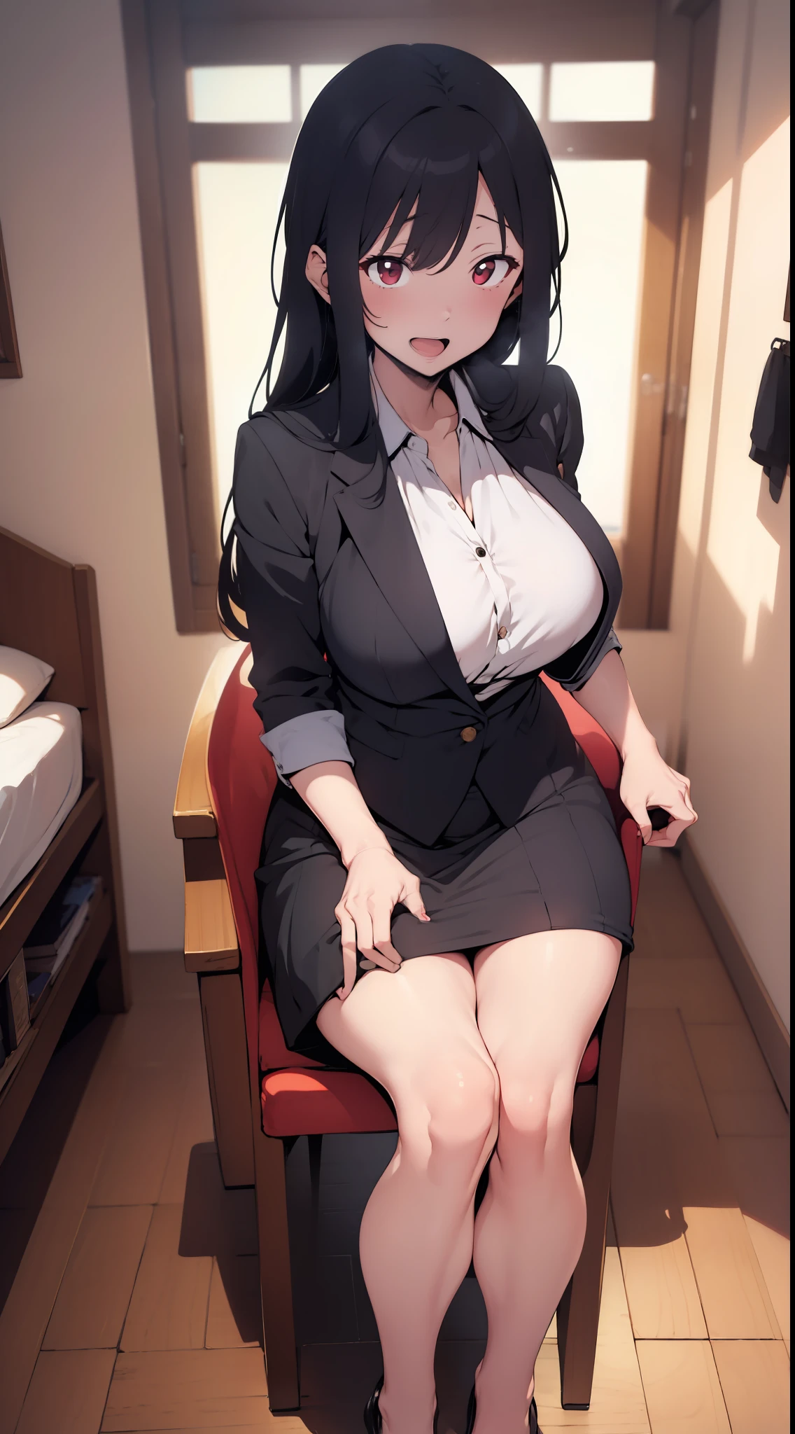 one woman,slategray skirt,lightslategray suit,white dress shirt,sexy pose,sitting in a chair,tiny breasts,tall of a person,gleaming skin,beautiful face,sharp eyes,open mouth,cool face,long hair,wave hair,black hair,red eyes,love hotel,on the bed,illustration style,anime style,masterpiece, extremely fine and beautiful,illustration,adult woman