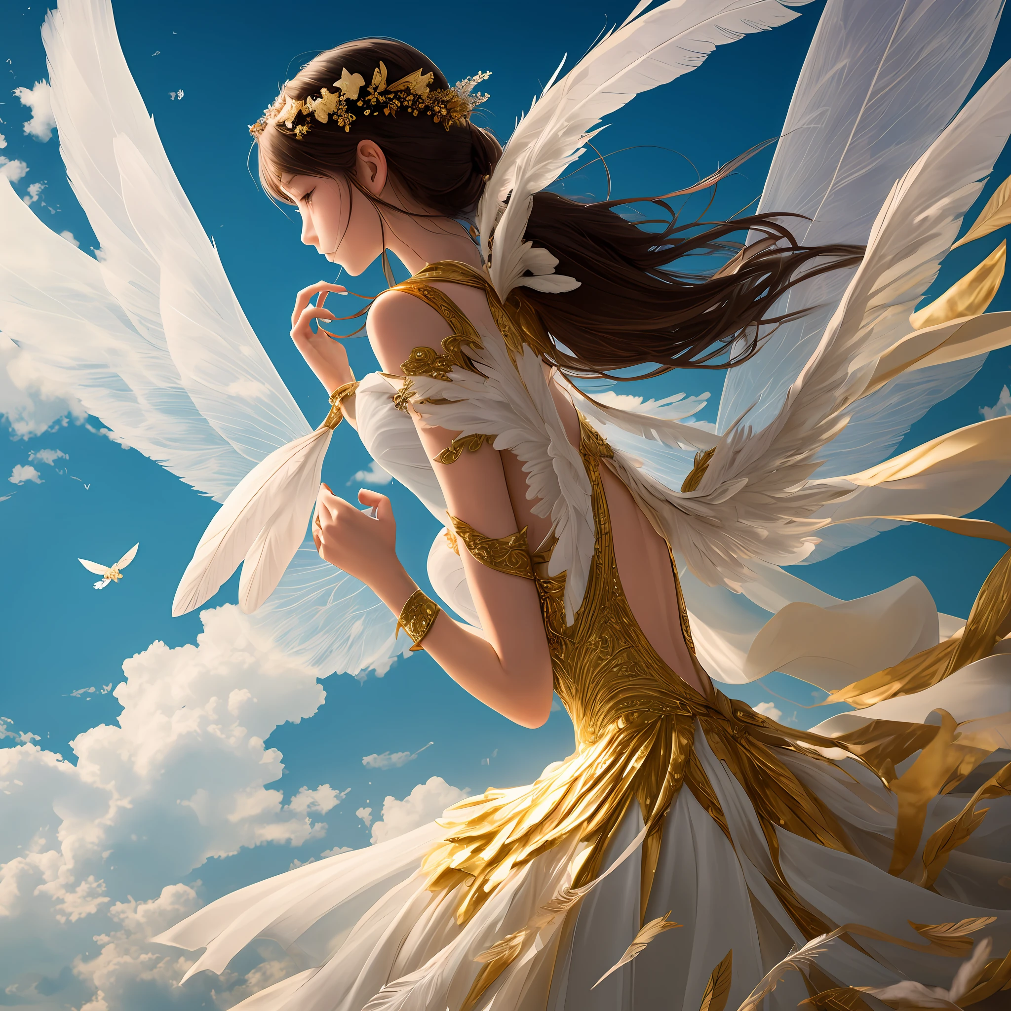 A girl flew into the sky,Catch the feathers,The girl has faint wings on her back,quadratic element,Fairy air fluttering, It is mainly gold and white,Girl side face,Don't be realistic,Girls should be more melancholy,Have the feeling of a goddess