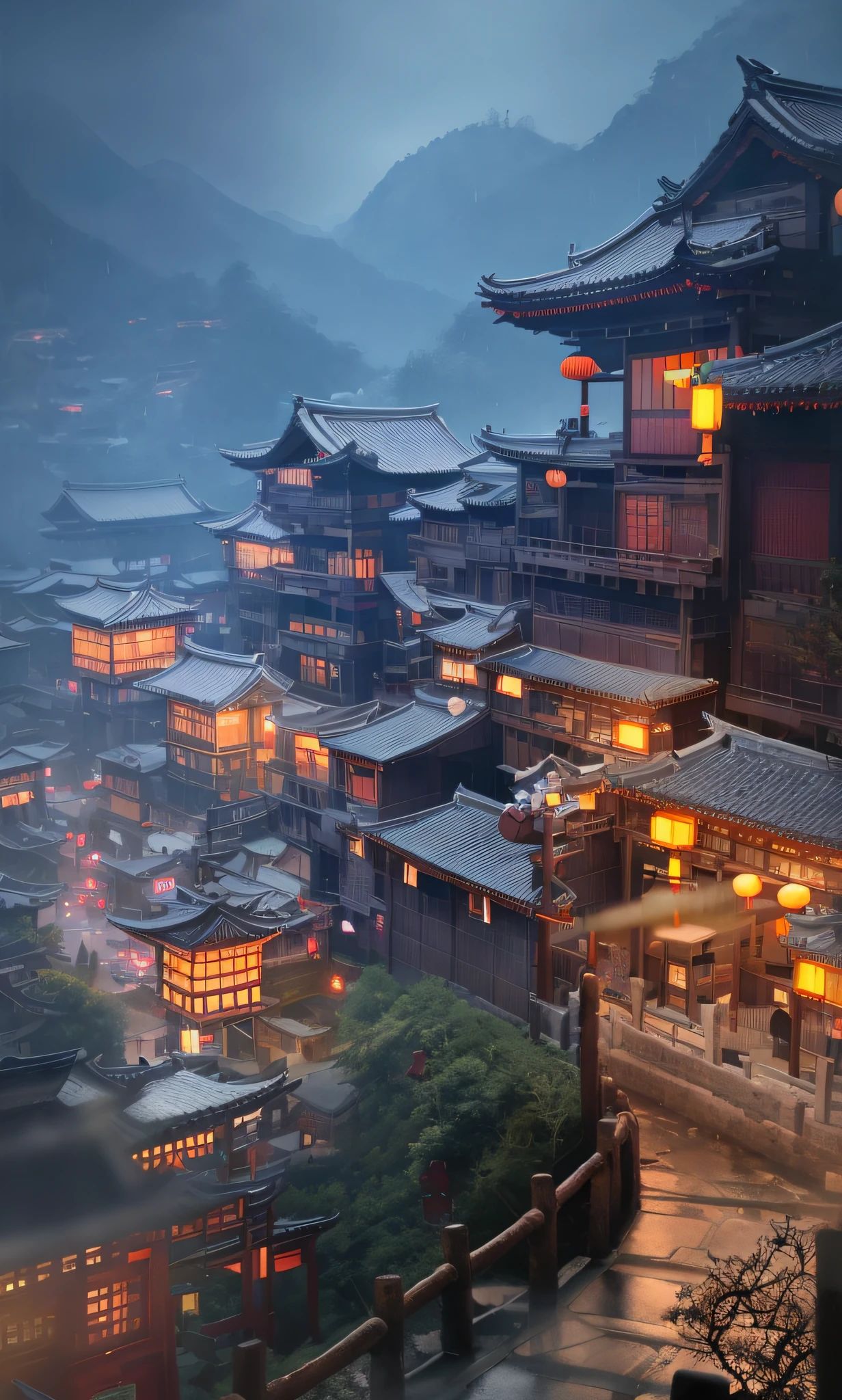arafed view of a village with a lot of lights on the buildings, dreamy chinese town, chinese village, amazing wallpaper, japanese town, japanese village, hyper realistic photo of a town, old asian village, japanese city, by Raymond Han, rainy evening, cyberpunk chinese ancient castle, beautifully lit buildings, at evening during rain, beautiful and aesthetic, photography, cinematic, 8k, high detailed ((Heavy rain)))
