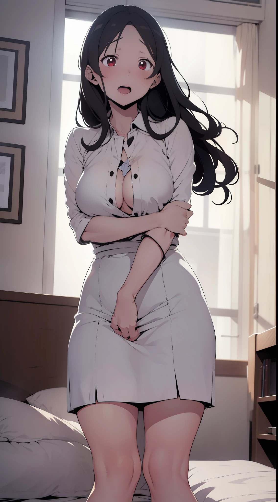 one woman,slategray skirt,lightslategray suit,white dress shirt,sexy pose,taking off clothes,tiny breasts,tall of a person,gleaming skin,beautiful face,sharp eyes,open mouth,embarrassed,sad face,flushed cheeks,long hair,wave hair,black hair,red eyes,love hotel,on the bed,illustration style,anime style,masterpiece, extremely fine and beautiful,illustration,adult woman