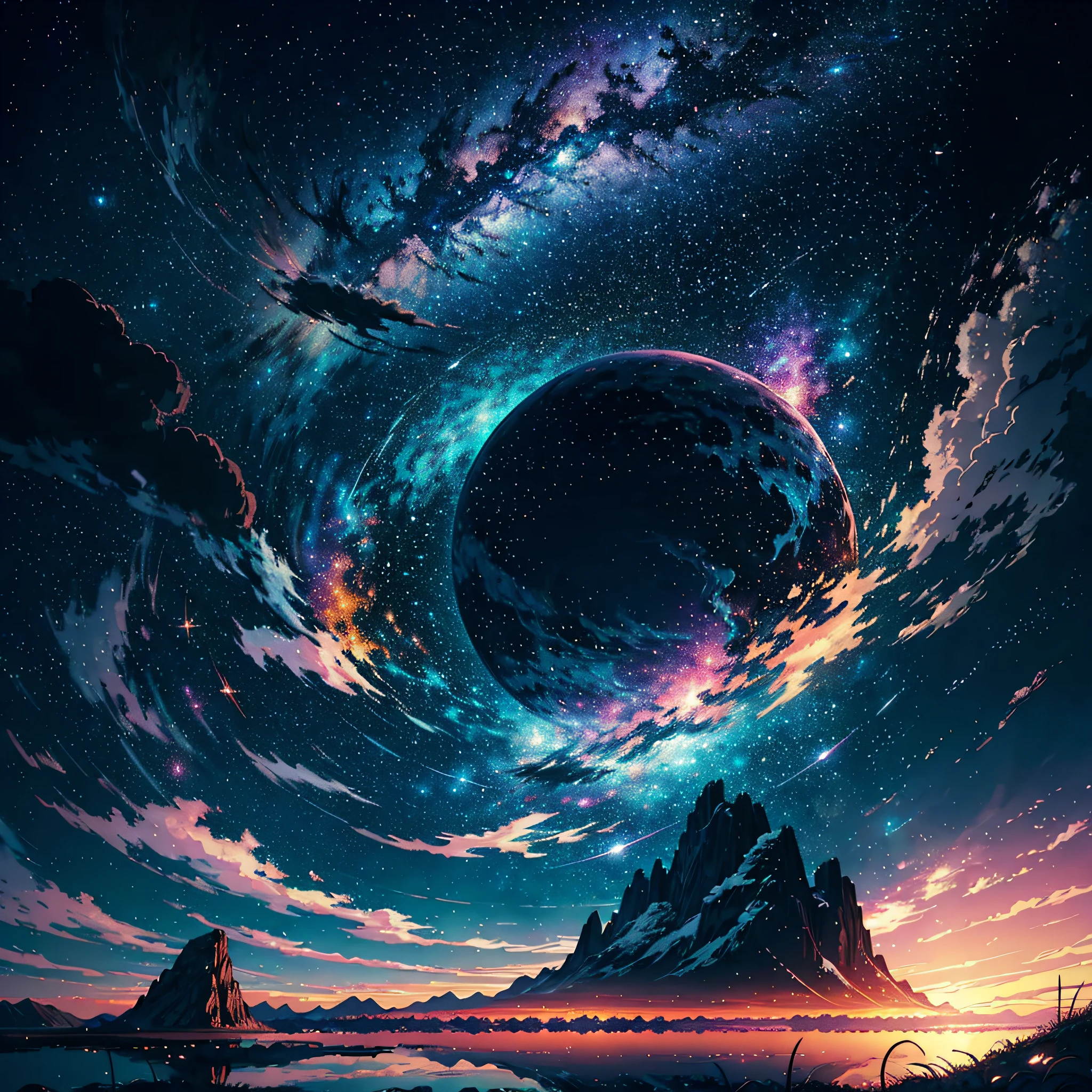 Starry sky with lakes and mountains in the foreground, background artwork, Amazing wallpapers, Beautiful art UHD 4 K, 4k highly detailed digital art, Atmospheric fantasy sky, sitting on the cosmic cloudscape, 4 k hd illustrative wallpaper, Wallpaper 4k, wallpaper 4 k, arte de fundo, anime backgrounds, Magnificent background, Anime art wallpaper 4k --auto