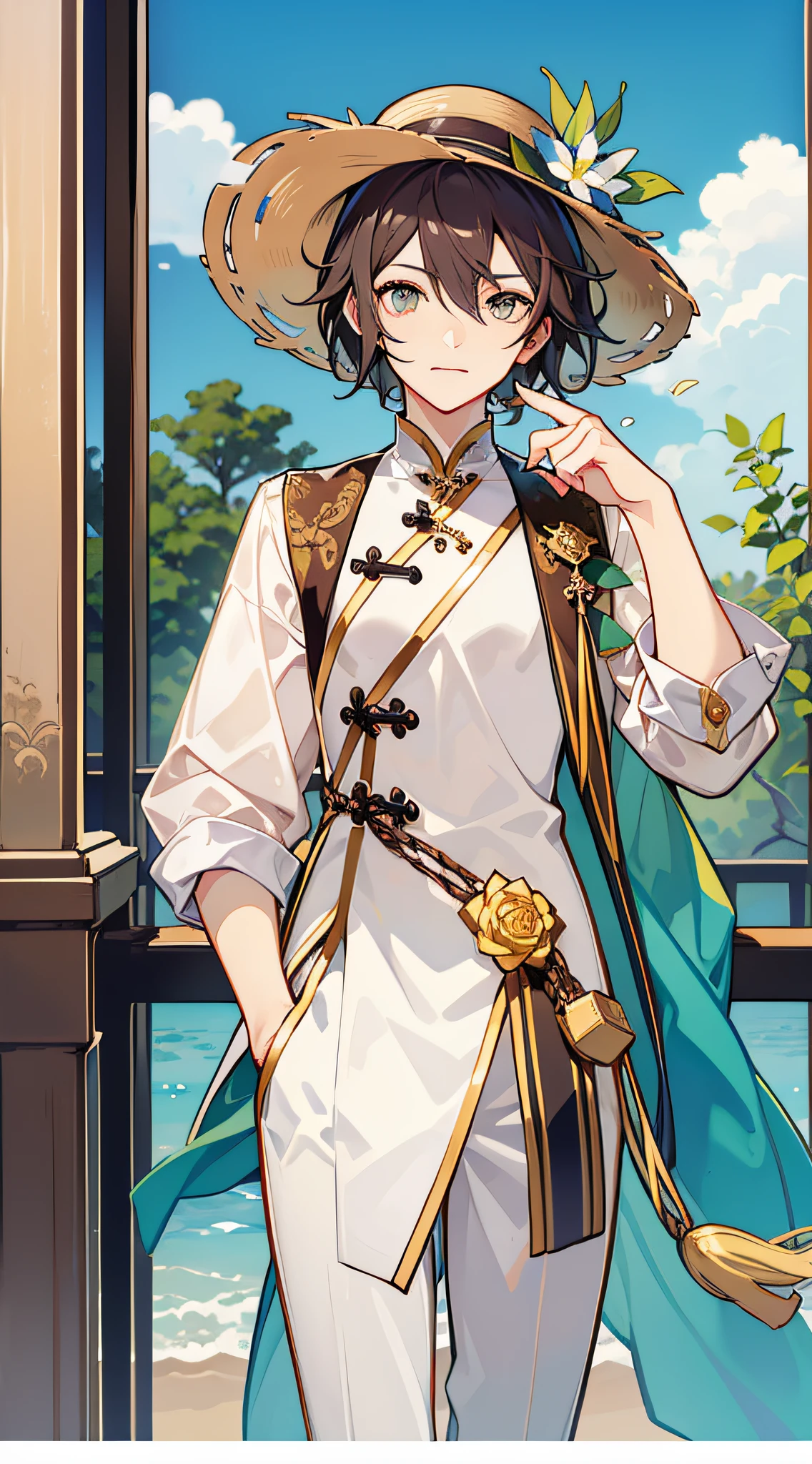 Male child、Ao Dai、Fantasia、masuter piece、a straw fedora hat、short-cut、ember、flat breast、trouser