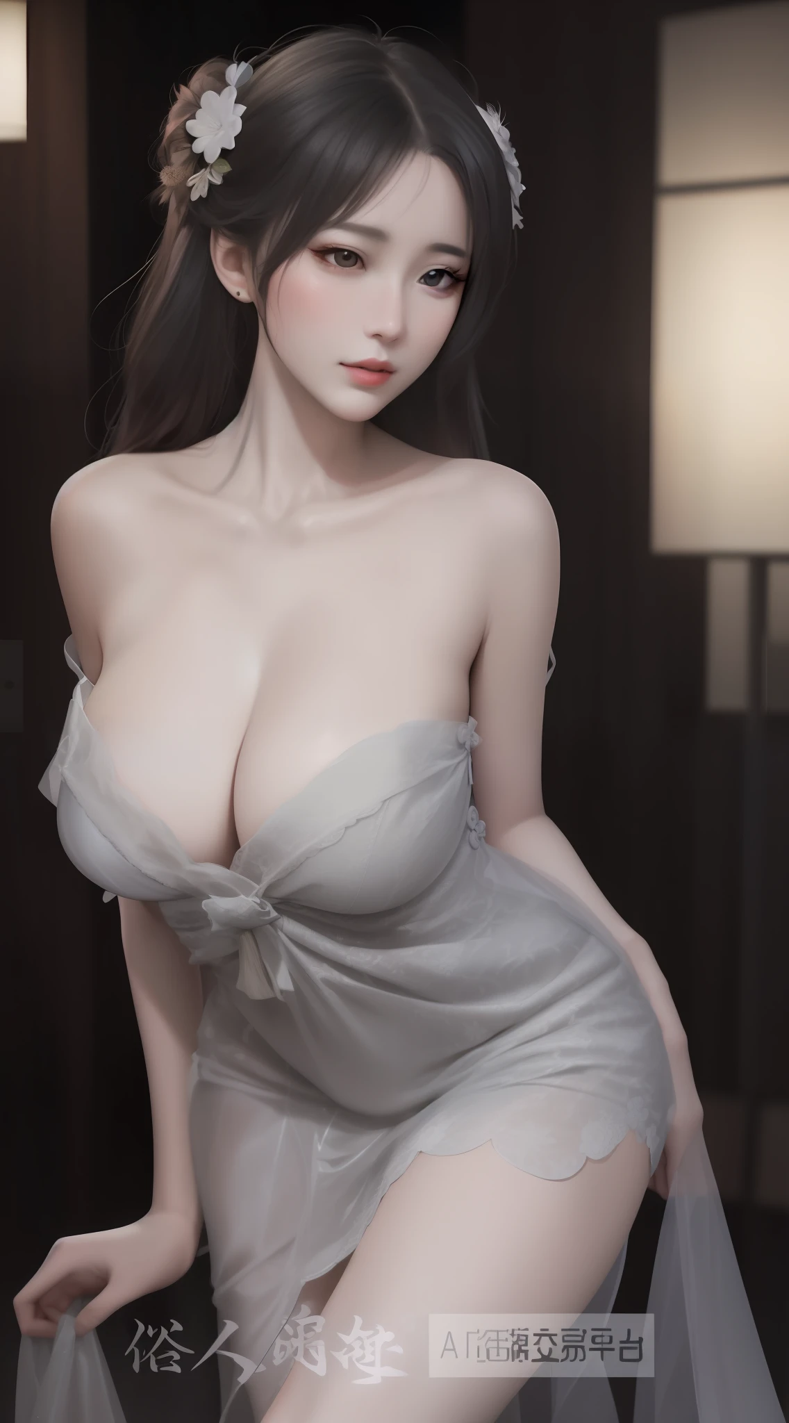 a close up of a woman in a dress posing for a picture, Smooth translucent white skin, Sexy girl, Translucent body, Yoshitomo Nara, gorgeous chinese models, Asian girl, Japanese goddess, Sexy dress, Guviz, Beautiful Asian girl, gorgeous figure, Large bust, pale milky white porcelain skin