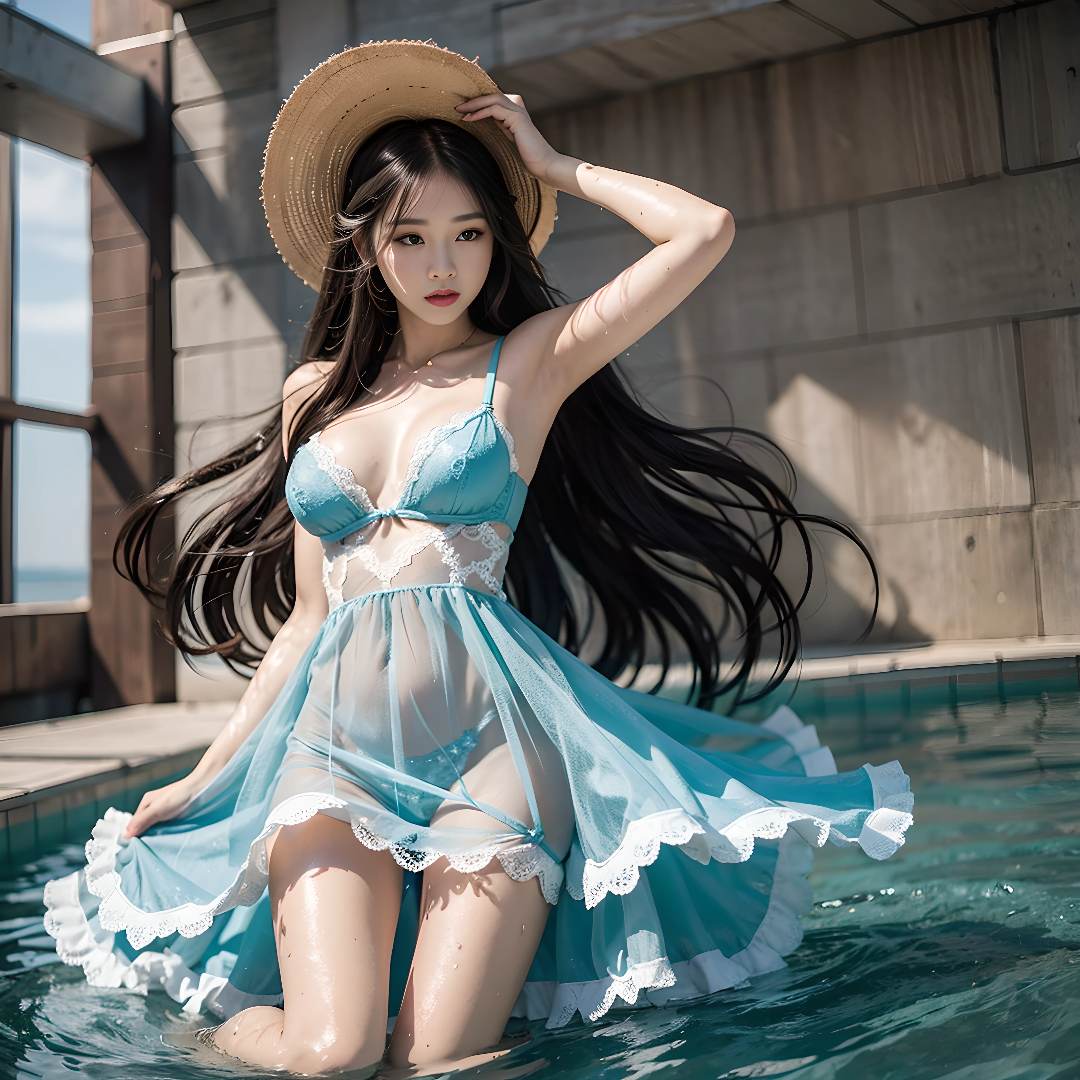 Top Quality,1girll,Long hair,beautifull face,She is in deep water in light blue silk lace lingerie,Solo,Flying Dress,hair blowing in the wind,hotel,