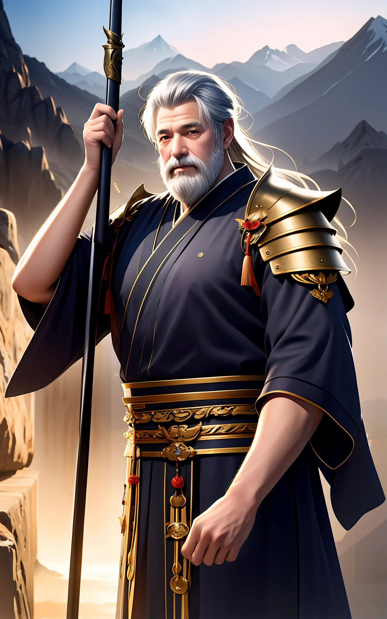 Best quality，tmasterpiece，A high resolution，CG，Men aged 50-60 years，a old man，a old man，Wooden sword，The sword，long whitr hair，Eau，独奏，jewely，Taoist，bucket-hat，spatter，full bodyesbian，hair-bun，whaite hair，obi strip，Armour，Background with_Mountains and rivers，Rough skin，The large，Fat Chubby，Long beard
illuminating，Frankness，photore，A high resolution，4K，8K，Bokeh，