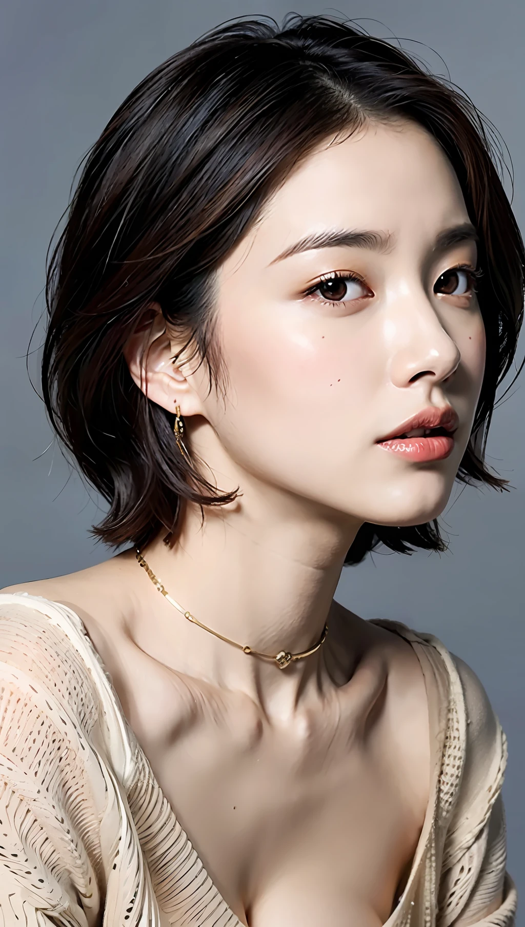 (best qualtiy,8k,32k,tmasterpiece,UHD:1.2),Beautiful Japanese woman in the photo,big cleavage breasts,Very short Bob hair,The upper part of the body,sface focus,oversized_sweater,choker necklace,simple backgound,from the above,looking at viewert,Raised sexy,dewpoint