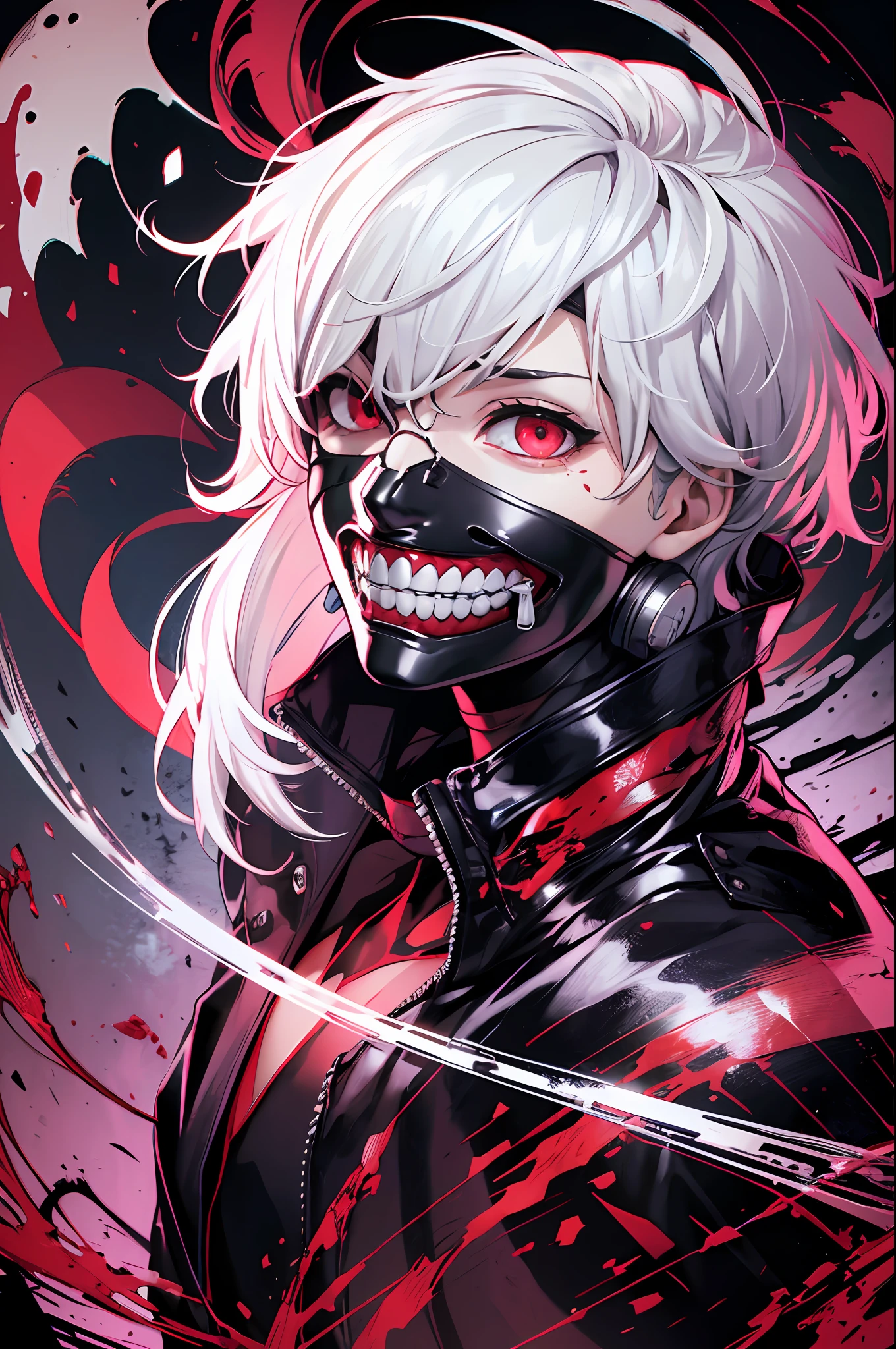 8k, anime, portrait, best quality, ultra high res, ultra detailed, high contrast color tone, extremely detailed lighting, cinematic lighting, soft lights, (masterpiece, high quality:1.4), (kaneki ken, white hair, red and black eye, mask | teeth, blood eyes, black jacket, scorpio tentacles), blood, ((full body)), (dynamic pose), black background, thrilling, (fierce face)