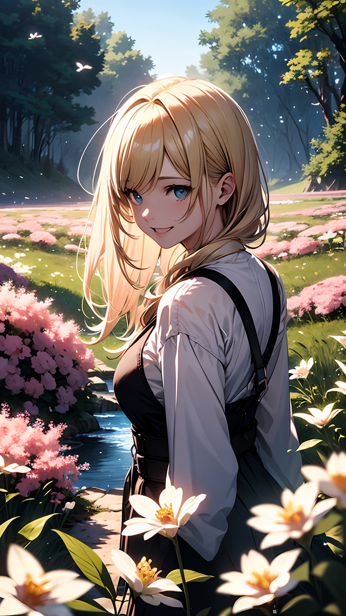 top-quality、masterpiece、8K、with a realistic、Be authentic、Live action、beautifly、amazing landscape、Expansive grasslands、flower bloom、Fantasia、Blue-eyed laughing girl(turned around、Longhaire、a blond)