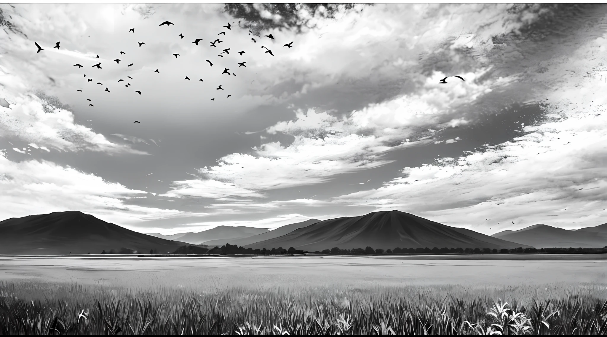 Field，black andwhite，Clouds，the birds