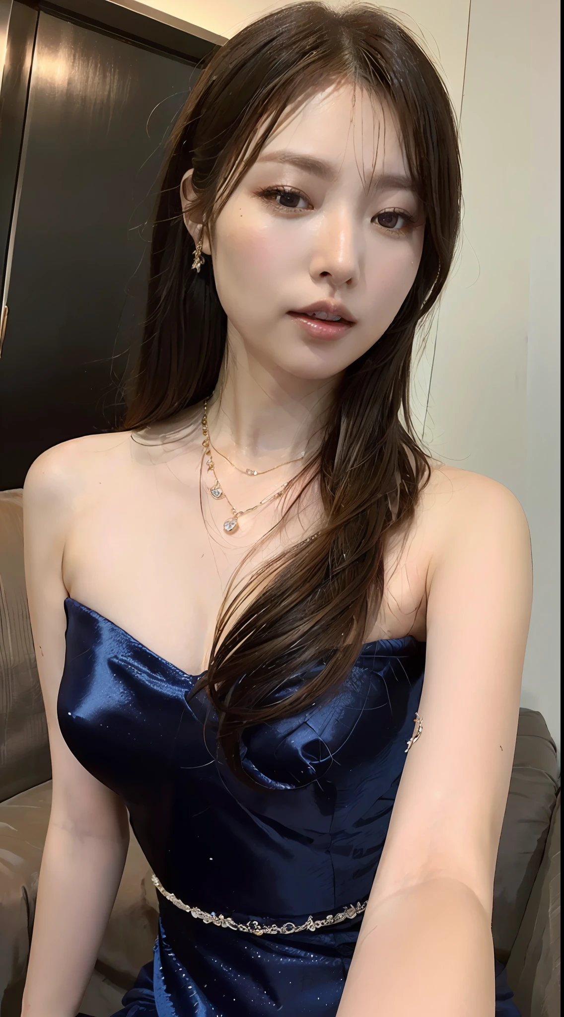 ((top-quality、in 8K、32K、​masterpiece、nffsw:1.2))、((Photo of one Japan woman))、((a necklace))、((Luxury Lounge))、((Closing your eyes))、((Beautiful and detailed eyelids))、((Mouth wide open))、((Beautiful and detailed mouth))、((Very enchanting))、((Put your right hand to your mouth))、((Model Figures))、((Floating Novafrog Style))、((shoulder length hair))、((Detailed hair strands))、((Realistic and detailed skin feeling))、((Luxury and detailed evening dress in deep blue color))、