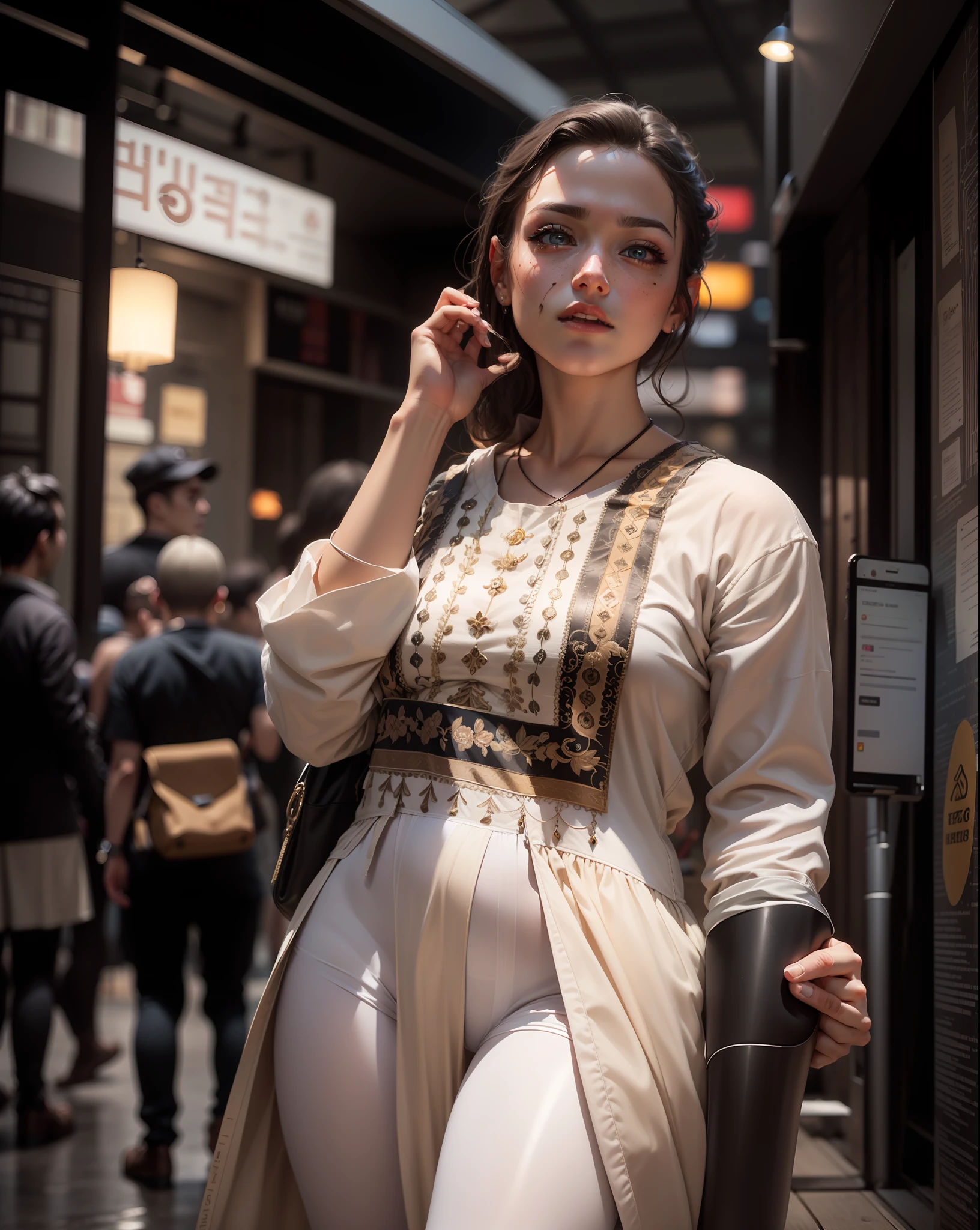 (hyperrealistic), (illustration), (high resolution), (8K), (extremely detailed), (best illustration), (beautiful detailed eyes), (best quality), (ultra-detailed), (masterpiece), (wallpaper), (detailed face), solo 1 girl, white wavy hair, korean, heterochromic eyes, small moles under the eyes, loose white shirt, yoga pants, big breasts, long legs, tight abs, camel toes, dynamic pose.