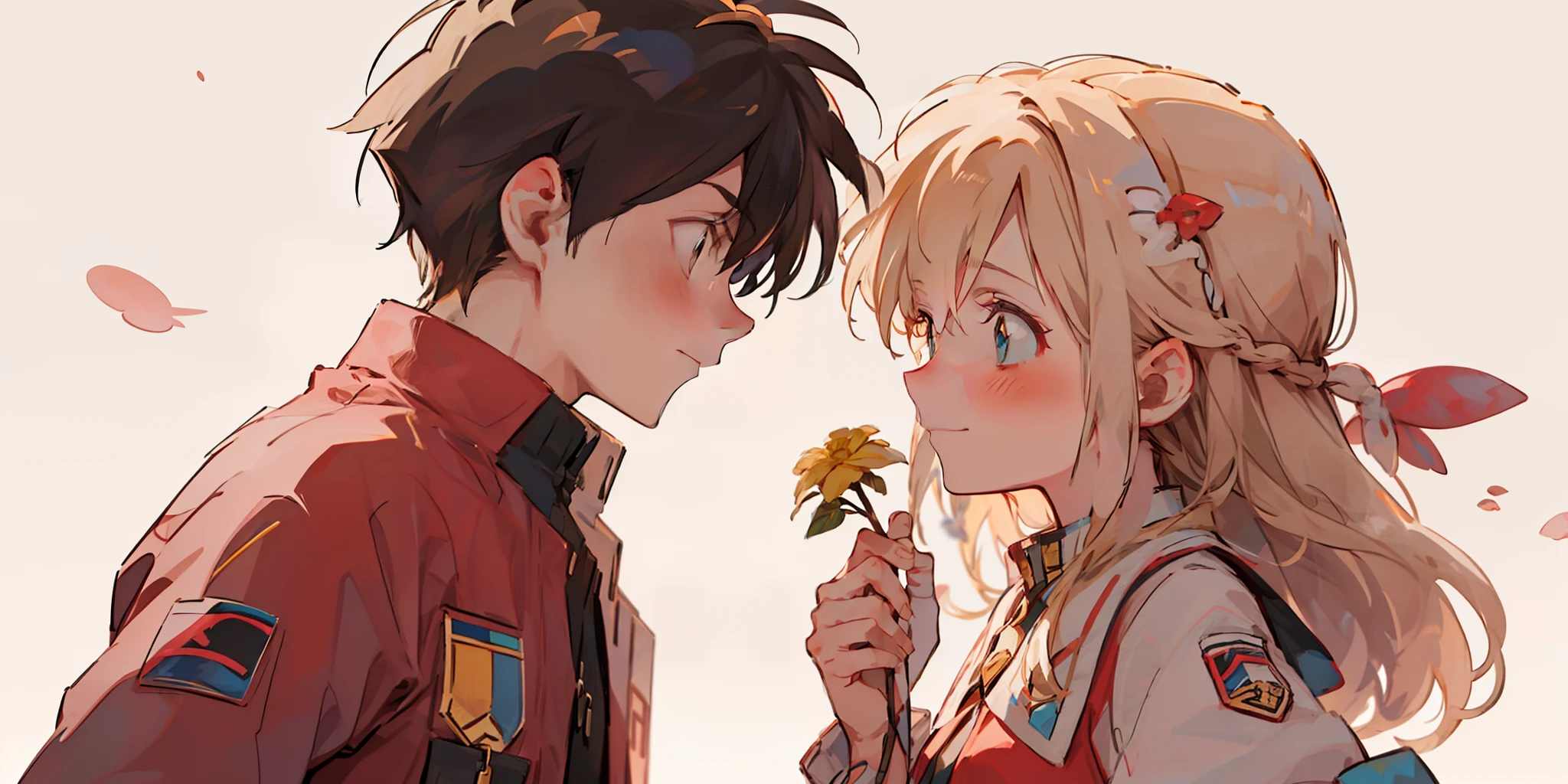 intense eye contact, intimate, romantic atmosphere, girl with casual dress and long blonde hair, blue eyes, shy, boy with short black hair and holding a flower and gift to girl and smile, (girl: 1.2+ boy: 1.1) look at each other, intense emotion)