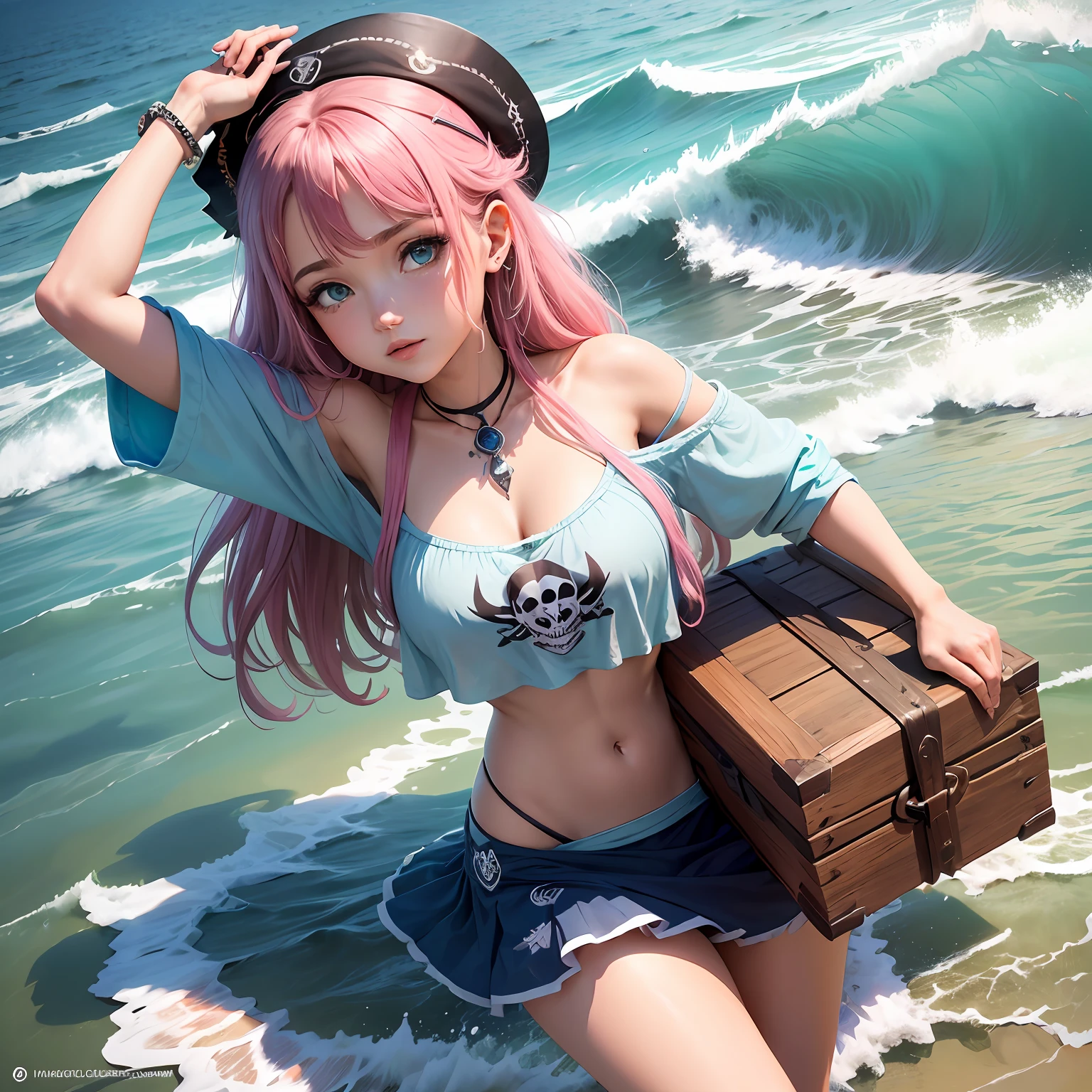 (uma bela obra-prima:1.3),(alta qualidade, ultra-detalhada, desenhada em CG),(uma garota pirata),(um cabelo rosa),(um tapa-olho com formato de caveira), (uma blusa azul listrada com branco), (junto a ela:0.5+next to you or on the seabed), (A chest full of treasures), (ocean floor or setting sun), (wide shot)