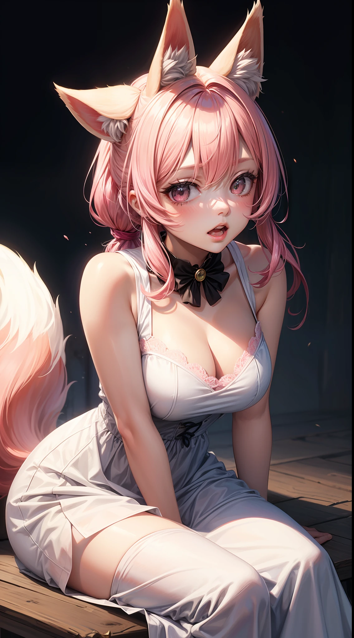 Adult woman, pink hair, low ponytail, white eyes, Fox ears, Foxtail, open dress, Masterpiece, hiquality