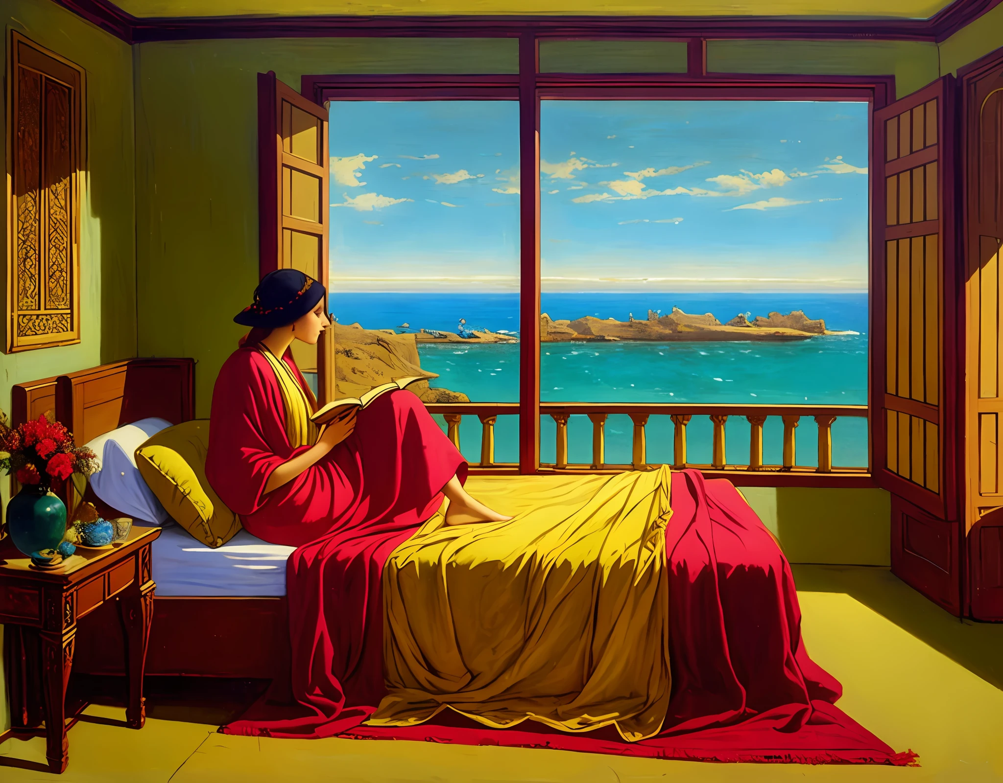 painting of a woman sitting on a bed in a room with a view of the ocean, orientalism painting, by George B. Bridgman, by Frederick Goodall, orientalist painting, by Osman Hamdi Bey, inspired by Osman Hamdi Bey, orientalist, 1920s orientalism, orientalism, grim vibrance orientalism