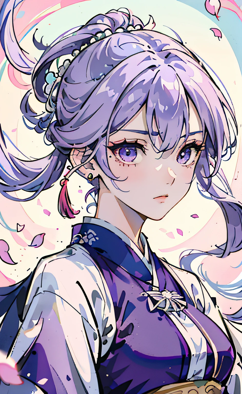 Mature girl ，Purple eye，Blue-white hair color，Floating hair，Delicate and agile eyes，Intricate damask hanfu，Gorgeous accessories，Wearing pearl earrings，fov，f/1.8，tmasterpiece，Ancient Chinese architecture，pink-sky，Petals flying，Frontal portrait shot，Chang'e，Side lighting，The sun shines on people，8K