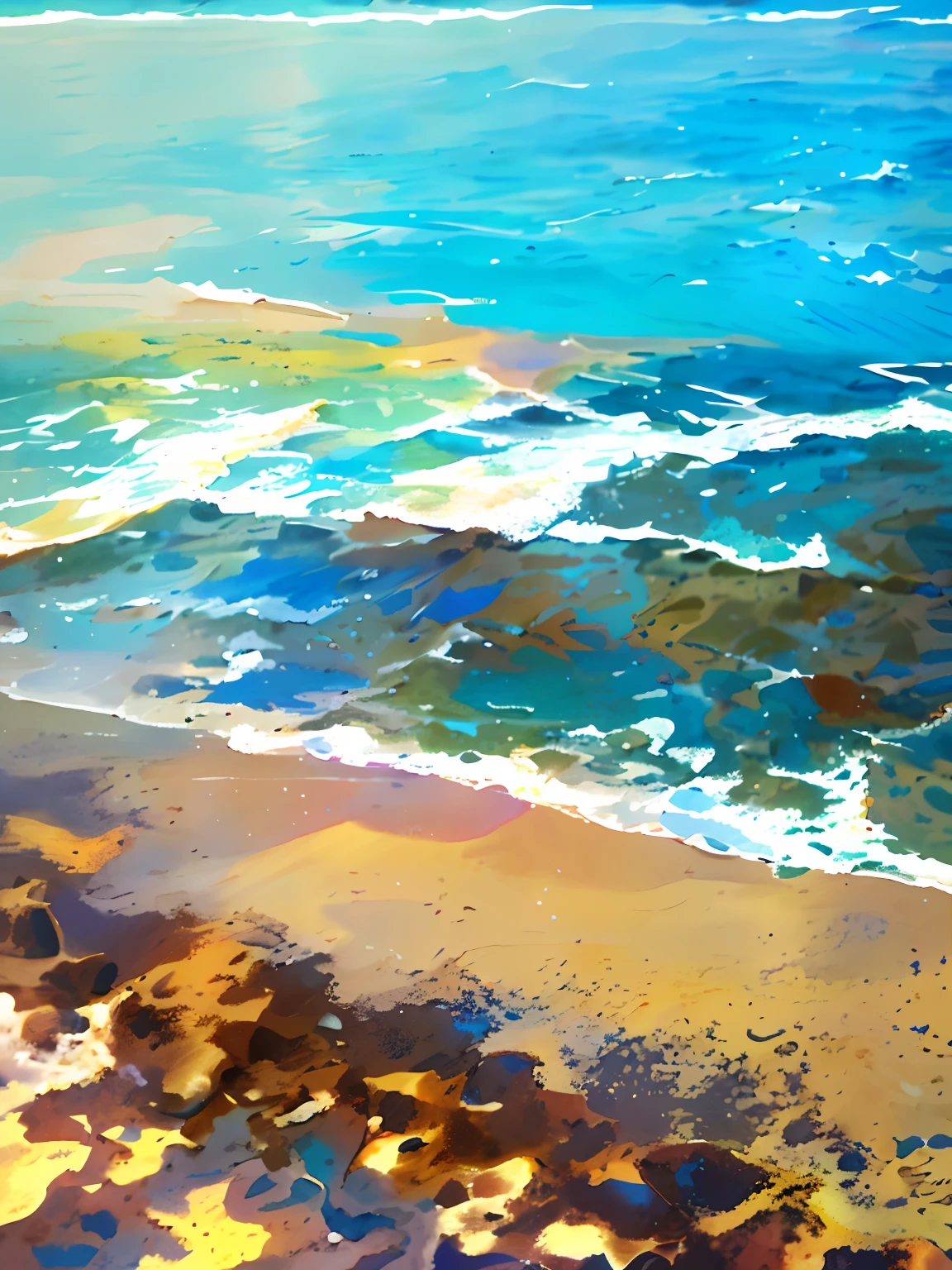 There is a surfboard on the beach, sand and sea, The sea in the background, Have by the sea, Sea in the background, rippling water, beach is between the two valleys, maybe small waves, Seafront, calm sea and beach background, Clear water, in the beach, wavy water, relaxing on the beach, beach aesthetic --auto