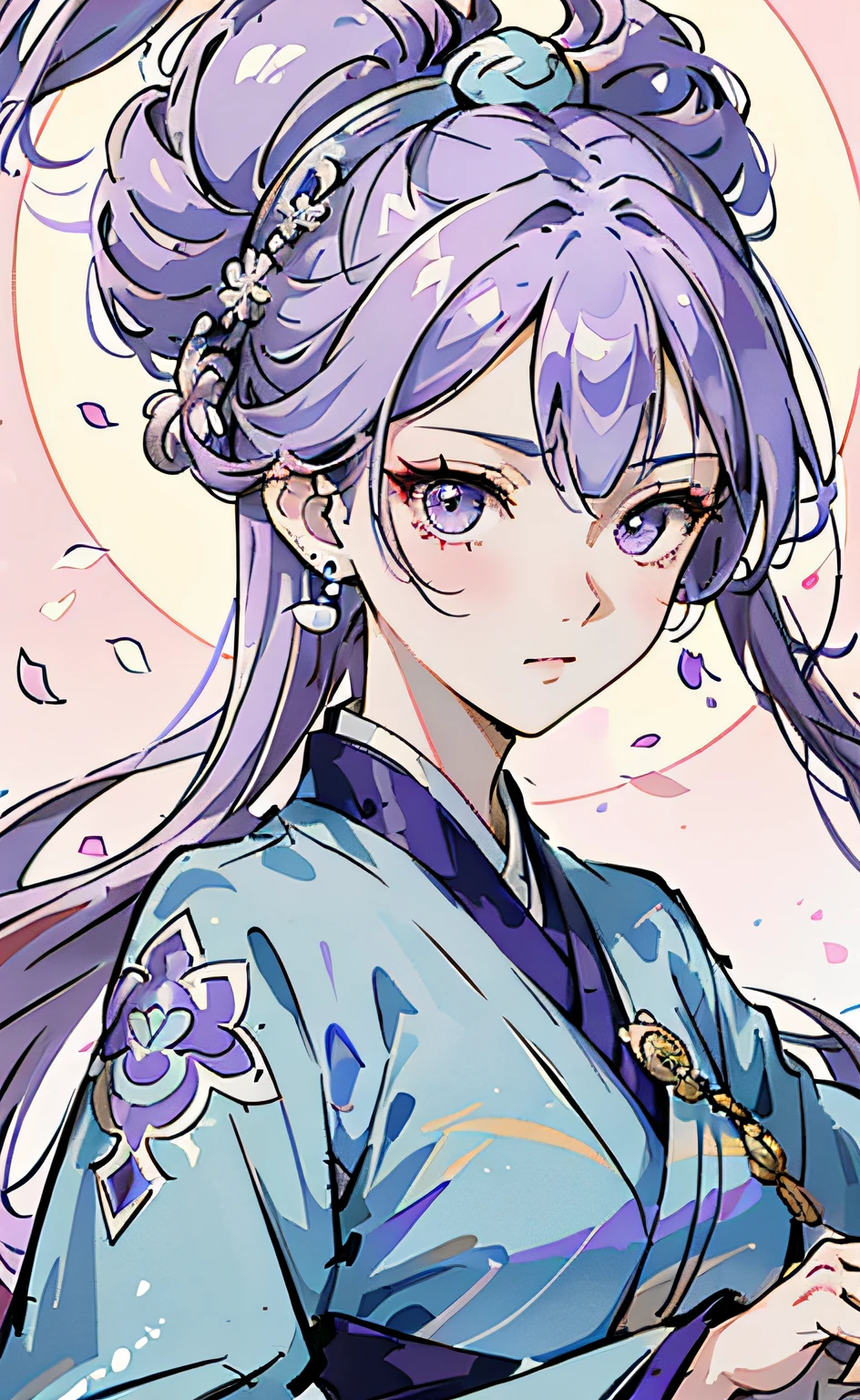Mature girl ,Purple eye,Blue-white hair color,Floating hair,Delicate and agile eyes,Intricate damask hanfu,Gorgeous accessories,Wearing pearl earrings,fov,f/1.8,tmasterpiece,Ancient Chinese architecture,pink-sky,Petals flying,Frontal portrait shot,Chang'e,Side lighting,The sun shines on people,8K