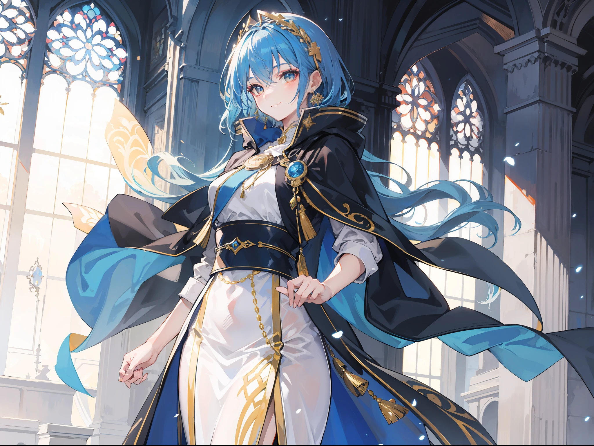 "Epic daylight atmosphere, stunning 4k artwork featuring a beautiful mature lady with tied primary blue  hair. Gold eyes. She was wearing white-gold saintess cloak and warm smile, she standing front of Sanctuary."