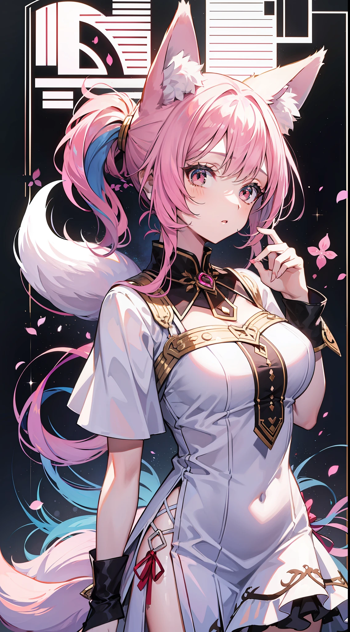 Adult woman, pink hair, low ponytail, white eyes, Fox ears, Foxtail, open dress, Masterpiece, hiquality