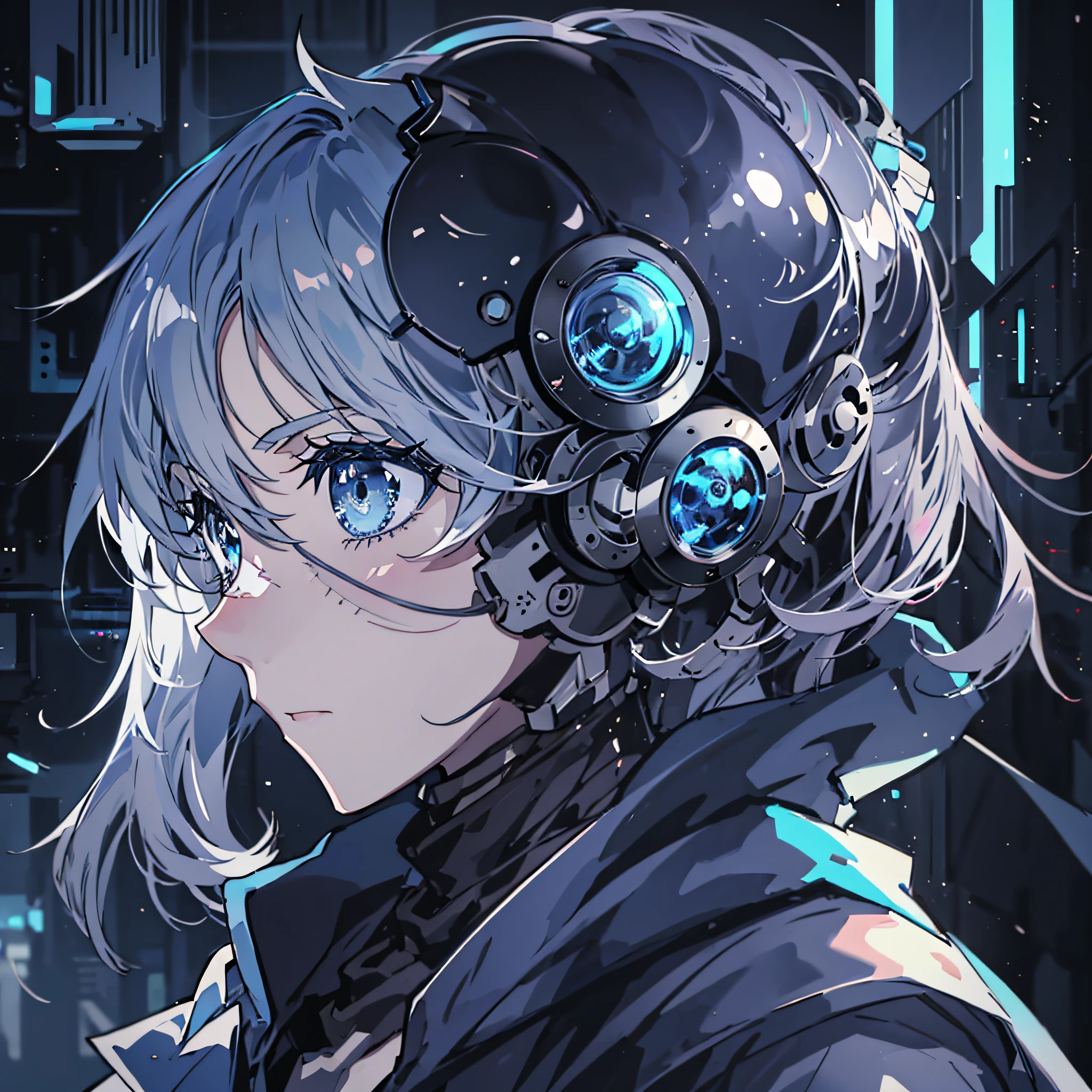 (anime girl with blue eyes), best anime 4k konachan wallpaper, with glowing blue eyes, anime robotic mixed with organic,blue cyborg eyes, anime cyborg, cyberpunk anime girl mech, mecha asthetic, his eyes glowing blue, a teen biopunk cyborg, anime manga robot!! anime girl, metal and glowing eyes, (zoom:1.5), cool expression, face in profile