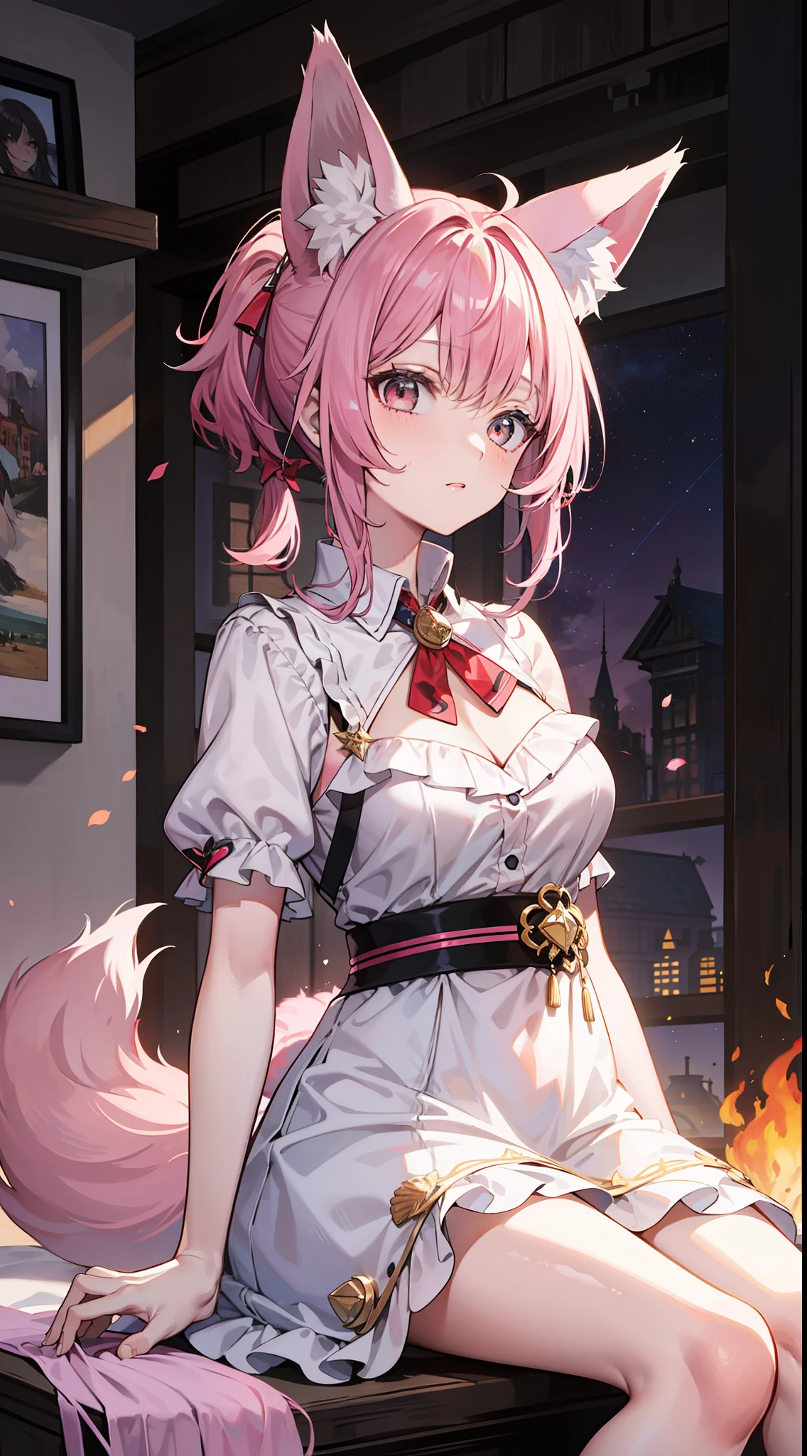 Adult woman, pink hair, low ponytail, white eyes, Fox ears, Foxtail, open dress, Masterpiece, hiquality