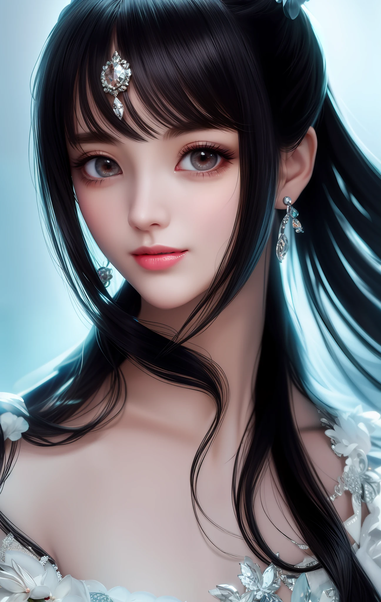 animesque、anime styled、ssmile、portraitures、Beautifully moisturized amber eyes like clear glass、Beautiful black hair without hair ornaments, extremely detailed eye and face, Beautiful detailed eyes, huge filesize, ultra-detailliert, hight resolution, ighly detailed, top-quality, masterpiece, illustratio, ighly detailed, nffsw, unification, 8k wallpaper, splendid, finely detail, 30Year old girl