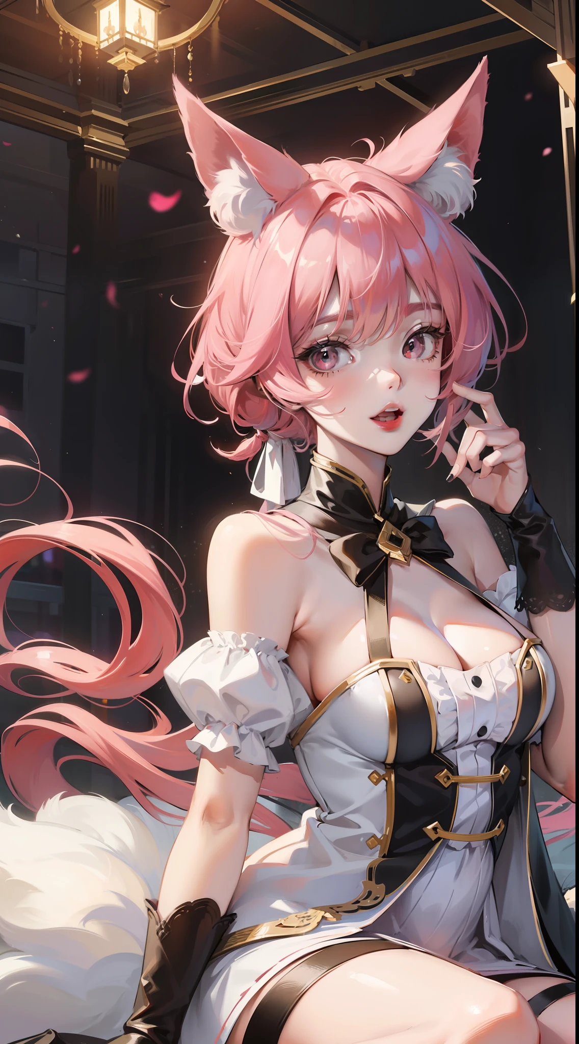 Adult woman, pink hair, low ponytail, white eyes, Fox ears, Foxtail, open dress, Masterpiece, hiquality