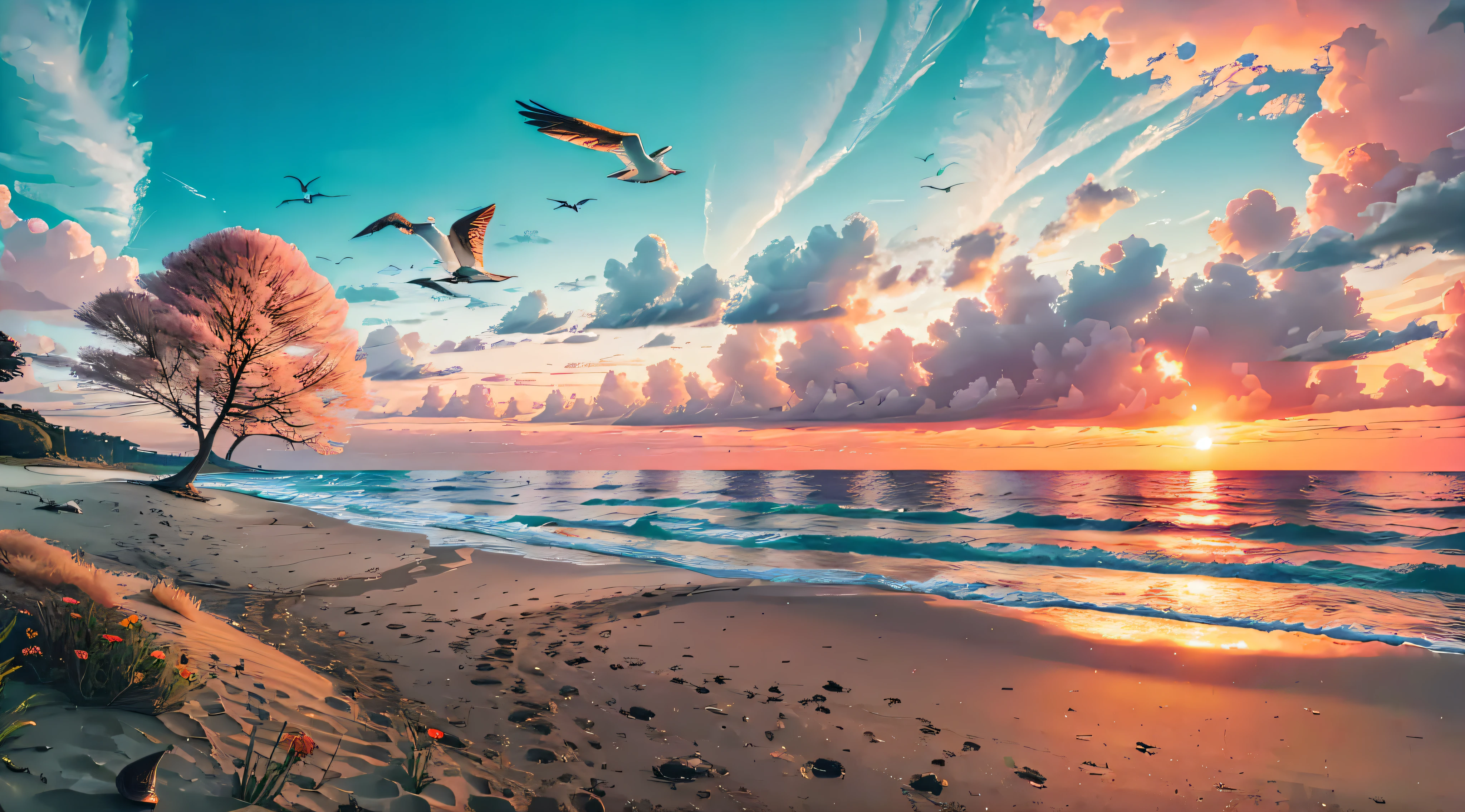 Sunset over the sea,There is a sandy beach,sea shell,Colorful trees,Burning clouds,seagulls,There is a small meadow in the middle of the sea,A small woods --auto