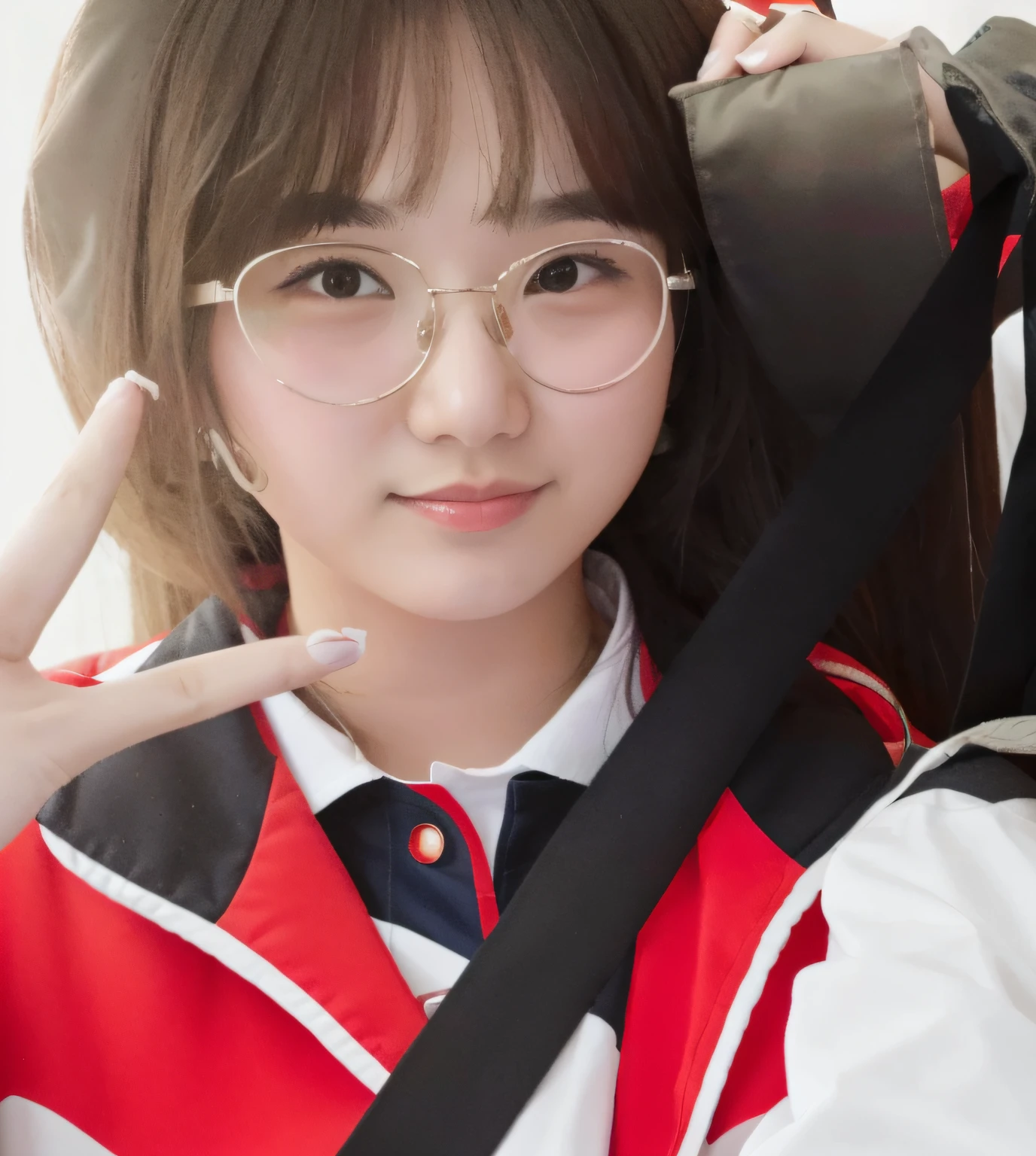 There was a young woman wearing glasses and a red and white jacket, jaeyeon nam, Ruan cute vtuber, ulzzangs, With glasses, very very low quality picture, 🚿🗝📝, xintong chen, chiho, profile picture 1024px, wan adorable korean face, inspirado por Kim Jeong-hui, with index finger