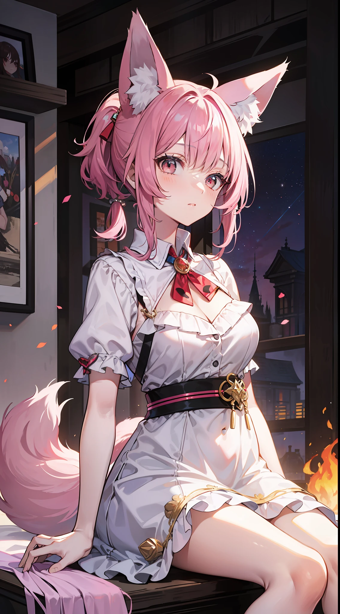 Adult woman, pink hair, low ponytail, white eyes, Fox ears, Foxtail, open dress, Masterpiece, hiquality