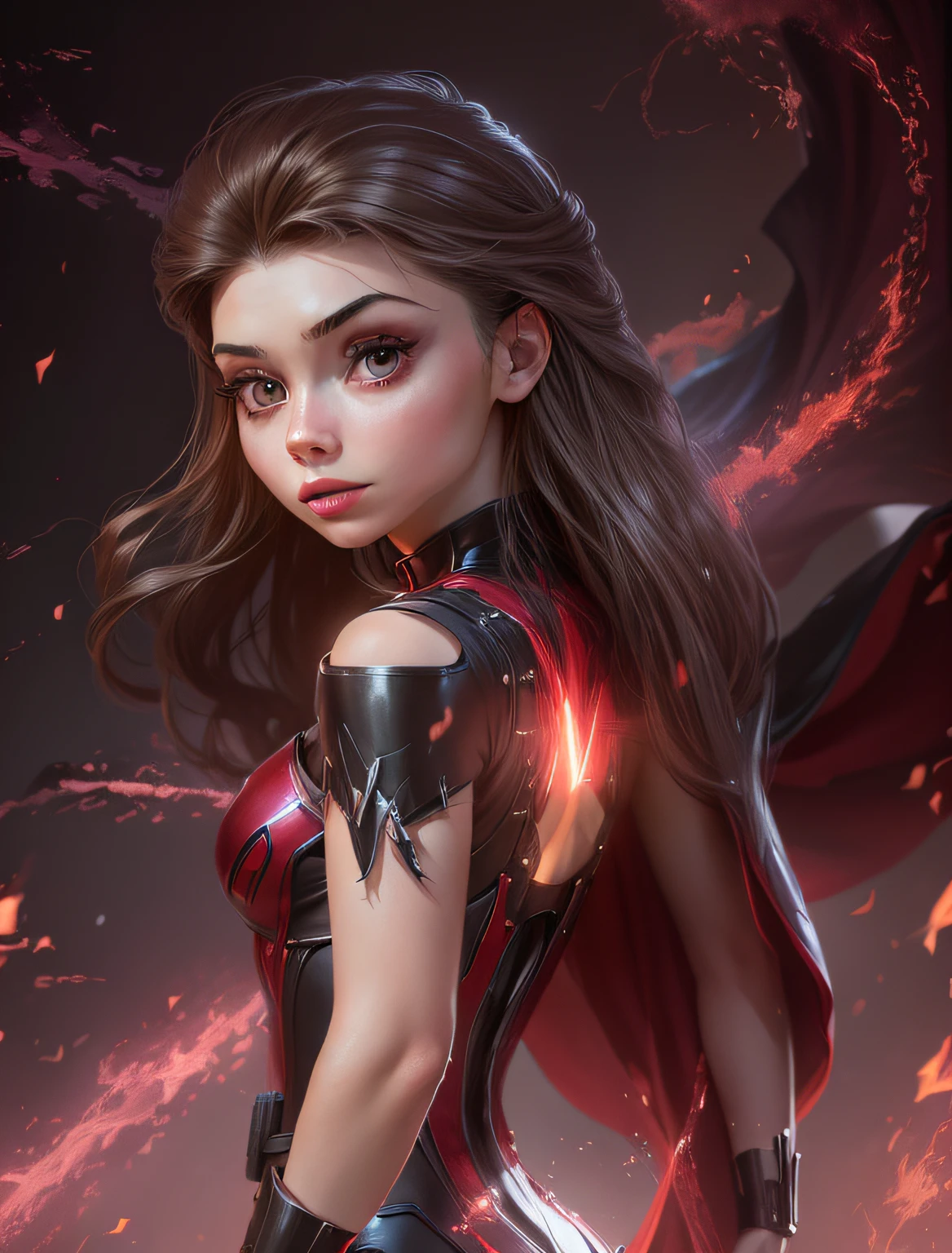 young Wanda black sexy short skirt, sexy chest open dress, Realistic of a woman in a young Wanda Maximoff Sexy red dress and boots, modern sexy slim Wanda, Wanda maximoff, scarlet witch marvel, standing with legs wide, half kneeling, elizabeth olsen as Wanda Maximoff, scarlet witch costume, elizabeth olsen asse black skirt, jean grey, urban girl fanart --auto