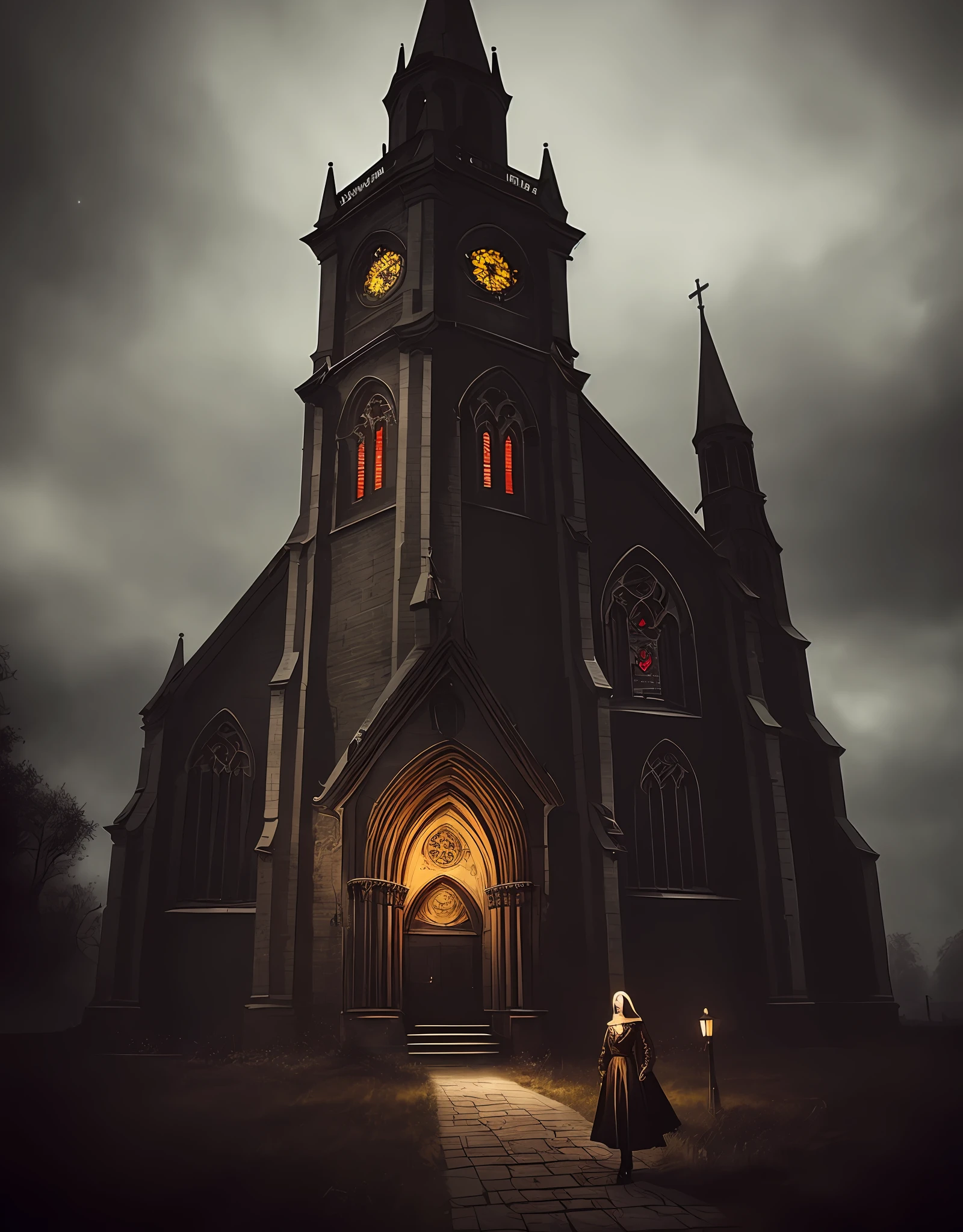 There are church images of bell towers and dark skies, dark gloomy church, gothic church background, photorealistic dark concept art, dark gothic cathedral, Beautiful and eerie atmosphere, creepy and dramatic atmosphere, Gothic Atmosphere, Cyberpunk Church, Ominous foreboding and eerie lights, gothic art style, scary gothic architecture, Dark style,afofuturism。A beautiful woman stands under the church,mito