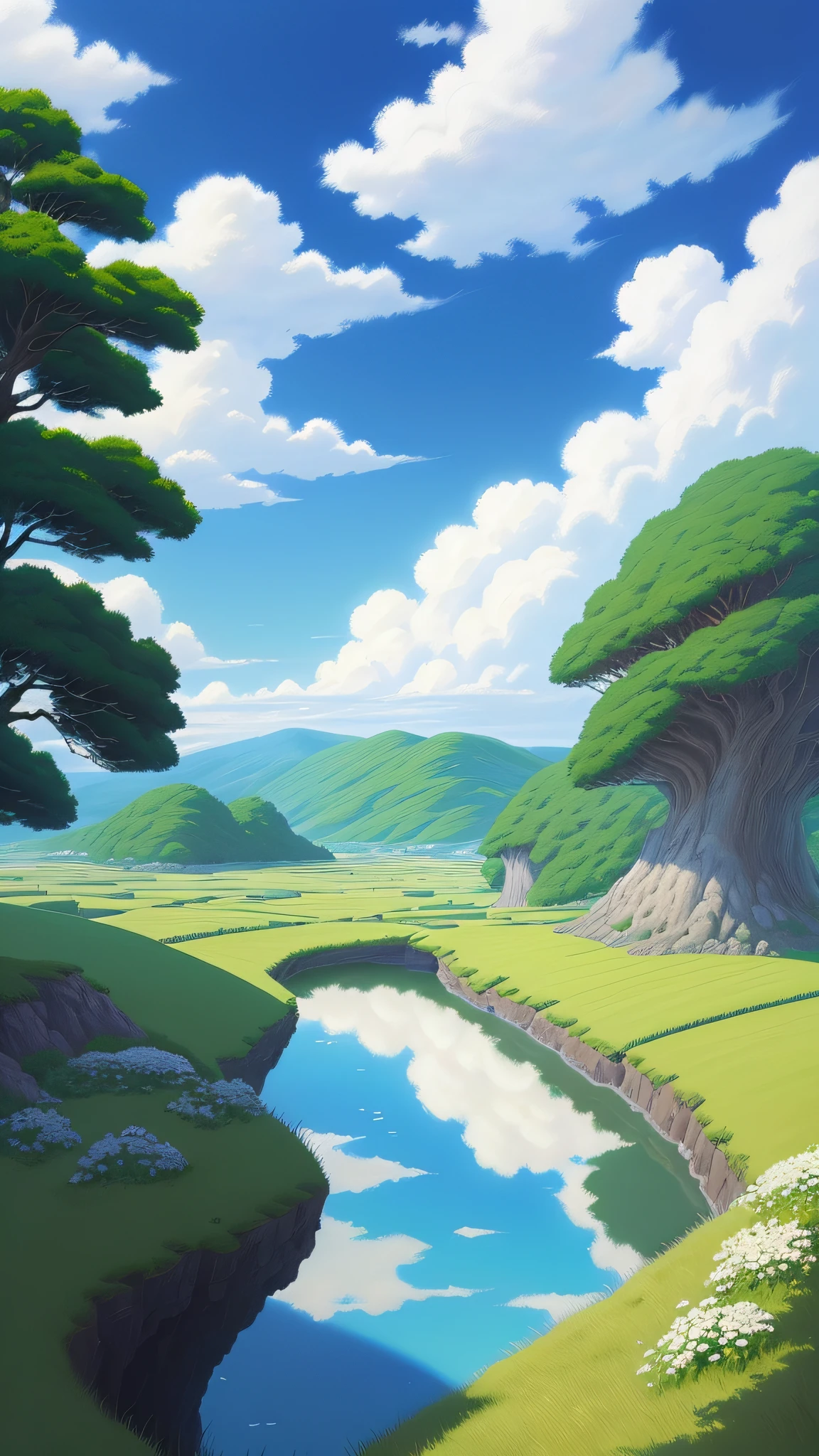 Realistic, authentic, beautiful and amazing landscape oil painting Studio Ghibli Hayao Miyazaki's petal grassland with blue sky and white clouds --v6