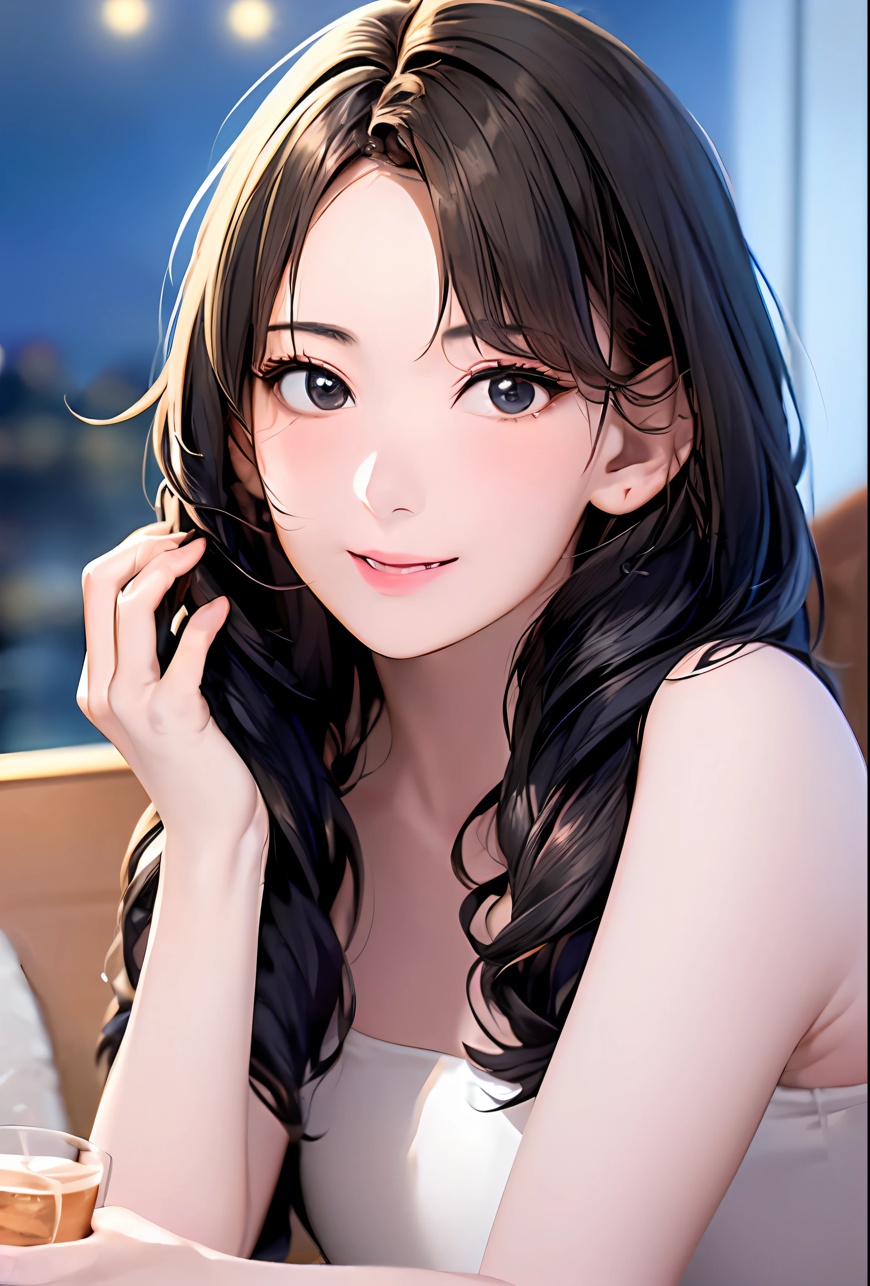 (in 8K、top-quality、masterpiece:1.2)、(realisitic、Photorealsitic:1.37)、高精細CG統合8K壁紙、(HQ Skin:1.8、shiny skins)、8KUHD、Digital SLR、Soft lighting、hightquality、Film grain、FujifilmXT3(Professional Writing:1.6)、ultra-detailliert、女の子 1 人、cute little、独奏、mid night、Beautiful detailed sky、Detailed Cafe、sitting on、date、(Nasal blush)、 (smile1.15)、(Keep your mouth shut)small tits、beautiful tbig eyes、Floating Hair NovaFrogStyle、