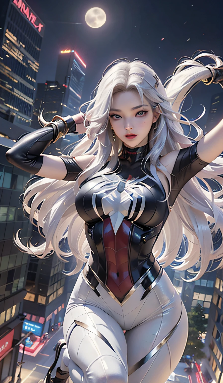 (Masterpiece, 4k resolution, ultra-realistic, very detailed), (White superhero theme, charismatic, there's a girl on top of town, wearing Spider-Man costume, she's a superhero), [ ((25 years), (long white hair:1.2), full body, (blue eyes:1.2), ((Spider-Man pose),show of strength, jumping from one building to another), ((sandy urban environment):0.8)| (cityscape, at night, dynamic lights), (full moon))] # Explanation: The Prompt mainly describes a 4K painting of ultra-high definition, very realistic, very detailed. It shows a superheroine at the top of the city, wearing a Spider-Man costume. The theme in the painting is a white superhero theme, the female protagonist has long white hair, is 25 years old and her entire body is shown in the painting. In terms of portraying the actions of superheroines, spiders are employed