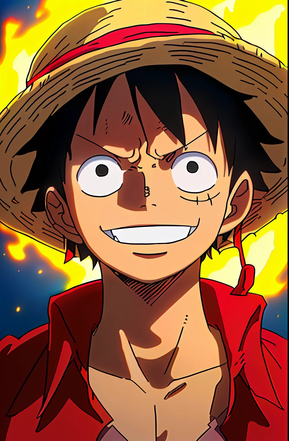 1boy, wanostyle, monkey d luffy, smiling, straw hat, looking at viewer, solo, upper body, ((masterpiece)), (best quality), (extremely detailed), depth of field, sketch, dark intense shadows, sharp focus, soft lighting, hdr, colorful, good composition, fire all around, spectacular, closed shirt, anime screencap, scar under eye, ready to fight, black eyes