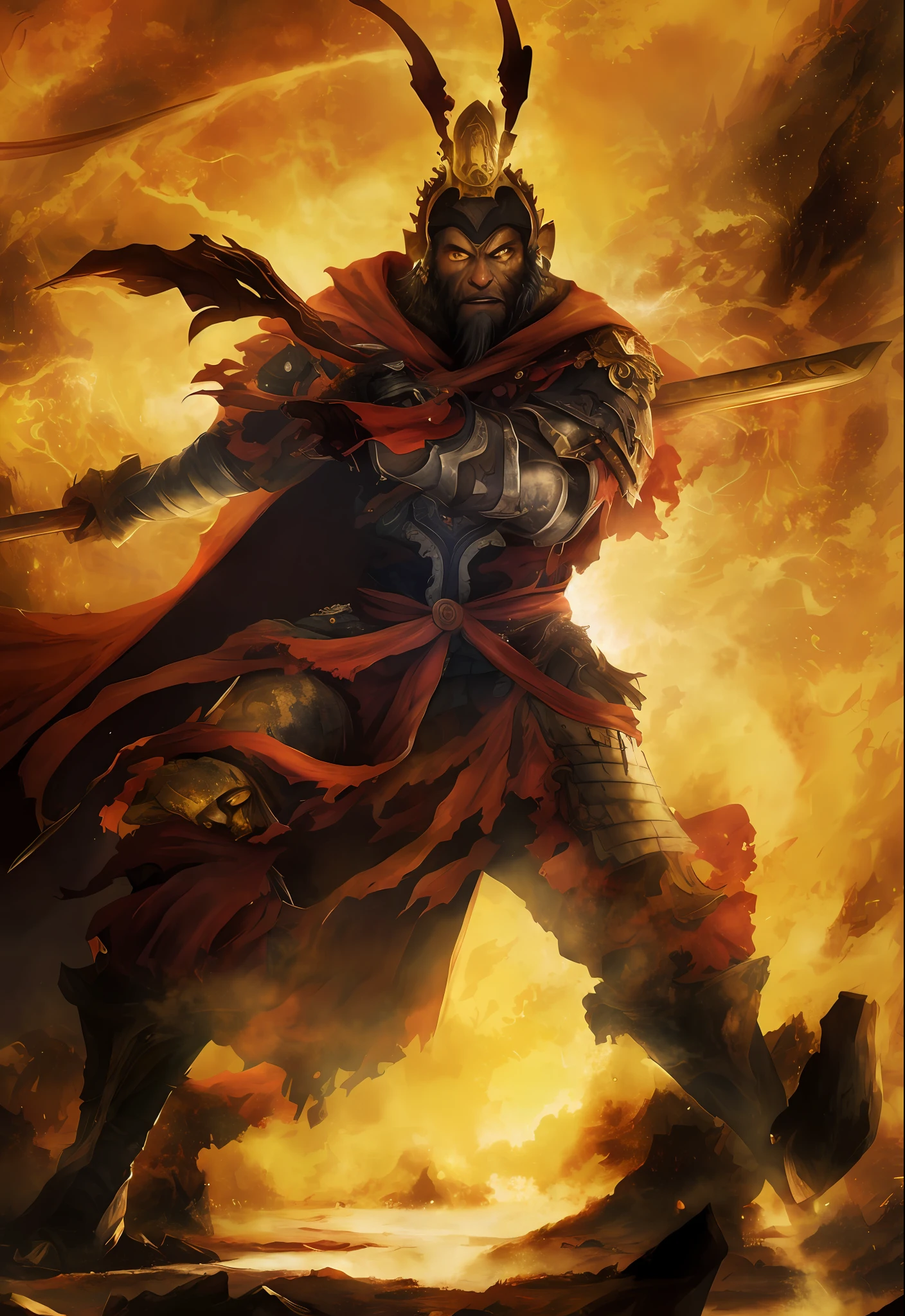 arafed image of a man in armor with a sword and a fire, sun wukong, guan yu, bian lian, demon samurai warrior, wukong, inspired by Hu Zaobin, by Arthur Pan, epic exquisite character art, amazing d & d dark sun art, by Yang J, epic fantasy character art, d&d dark sun character art