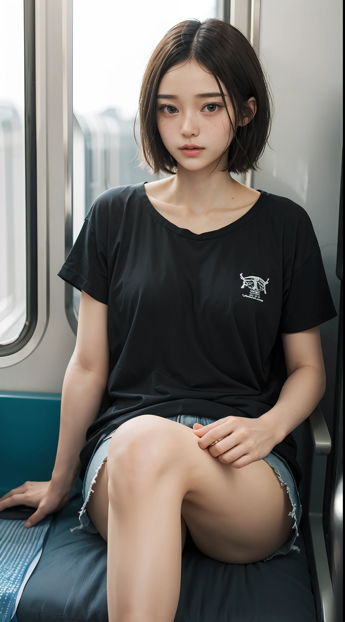 raw photo, inside train, sitting, pale skin, delicate face, short hair, freckles, skinny body, casual street wear, crossed legs, wavy clothes, best quality, 16k, masterpiece