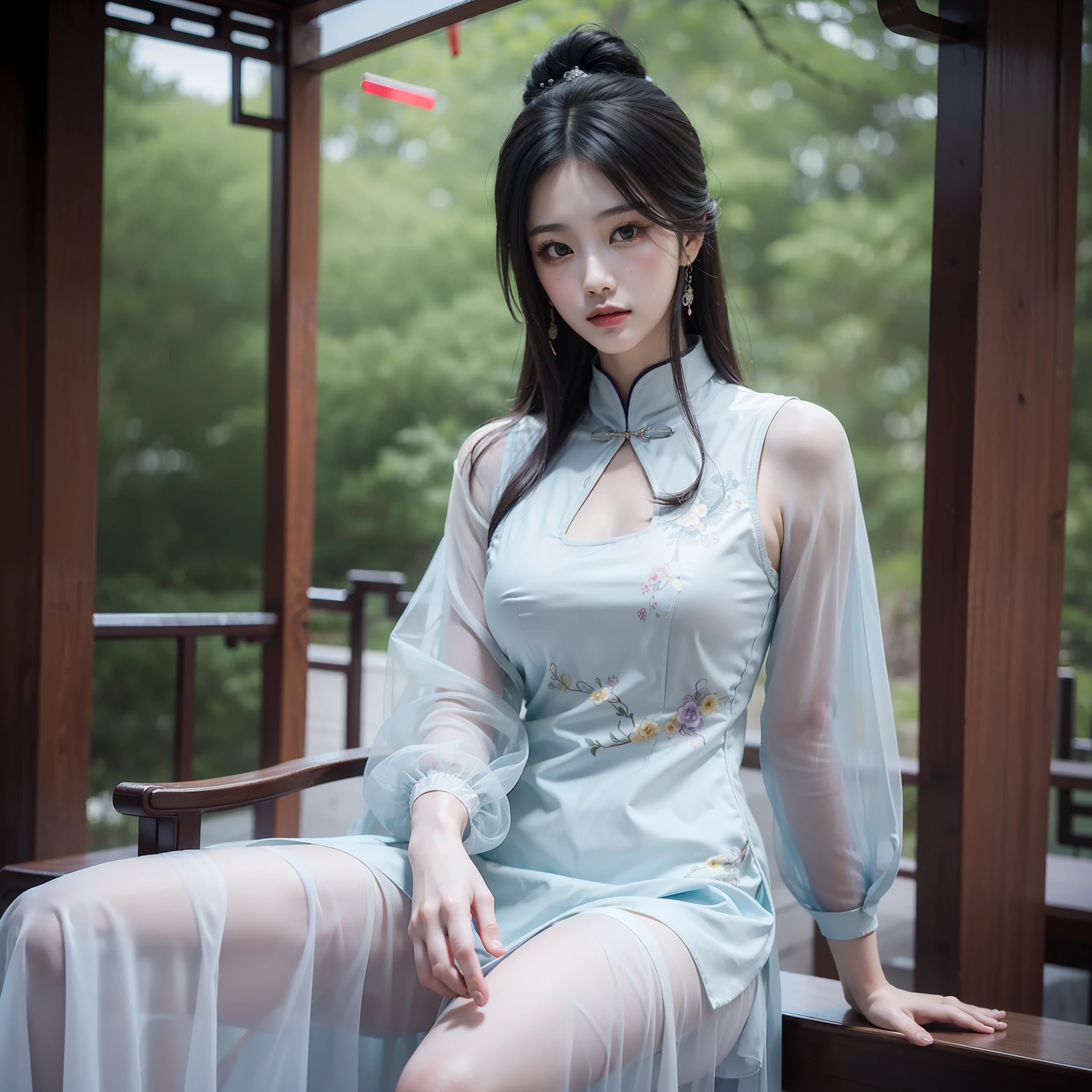 (1 cute Chinese star) realistic photo, medium breast size, purple slip dress, ancient Chinese architectural background, clear facial features, 8K high resolution, clear and realistic details, sexy long dress, gorgeous young Chinese woman, light purple