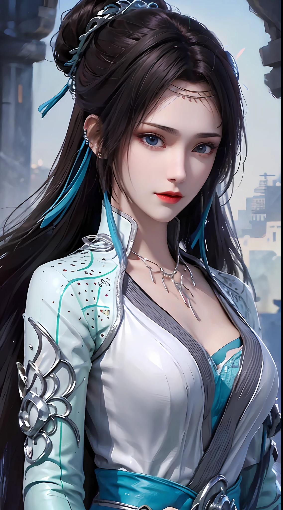 1 charming beautiful girl in hanfu dress, blue thin silk top with white patterns, white lace trim, purple-black long ponytail, hair jewelry, ear jewelry, necklace and necklace, big blue eyes meticulously drawn, meticulous makeup, thin eyebrows, high nose, pretty red lips, no smile, pursed lips, rosy cheeks, enlarged breasts, huge breasts, well-proportioned breasts, slim waist, mesh stockings blue, loose hand, chinese hanfu style, fictional art textures, vivid and realistic colors, RAW photos, realistic photos, ultra-high quality 8k surreal photos, (great lighting effects) awesome: 1.8), 10x pixels, magic effect (background): 1.8), super detailed eyes, girl upper body, girl portrait, girl alone, hanfu history background,