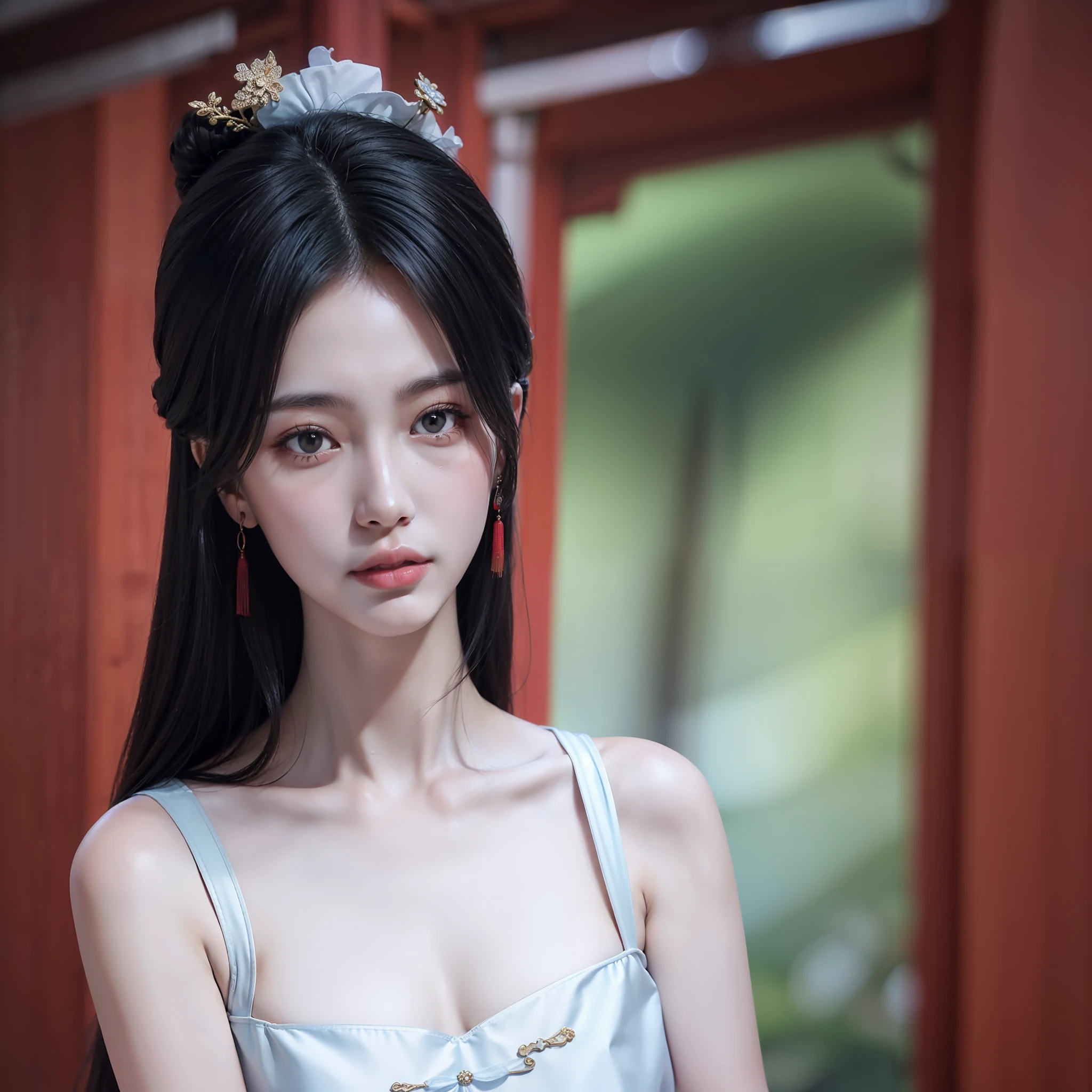 (1 cute Chinese star) realistic photo, medium breast size, purple slip dress, ancient Chinese architectural background, clear facial features, 8K high resolution, clear and realistic details, sexy long dress, gorgeous young Chinese woman, light purple