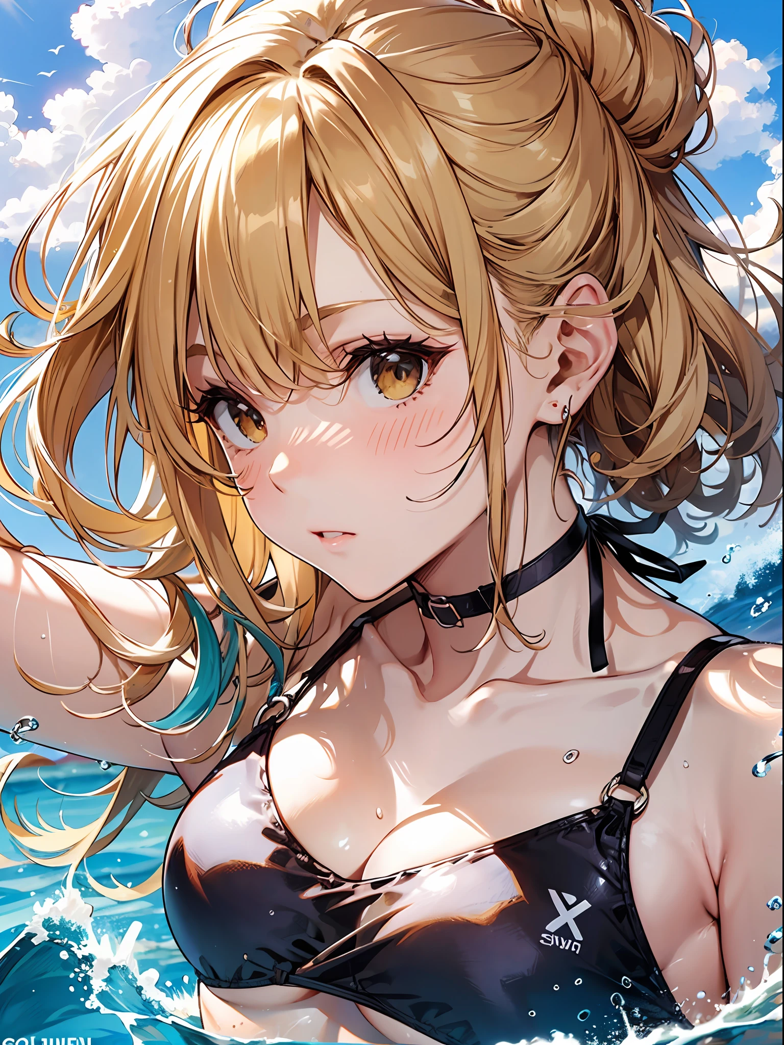 high-level image quality、top-quality、Does not blush cheeks、Sunny Beach、Slender beauty、{swim wears}、{The bikini}、short hair of golden color、put your hair up