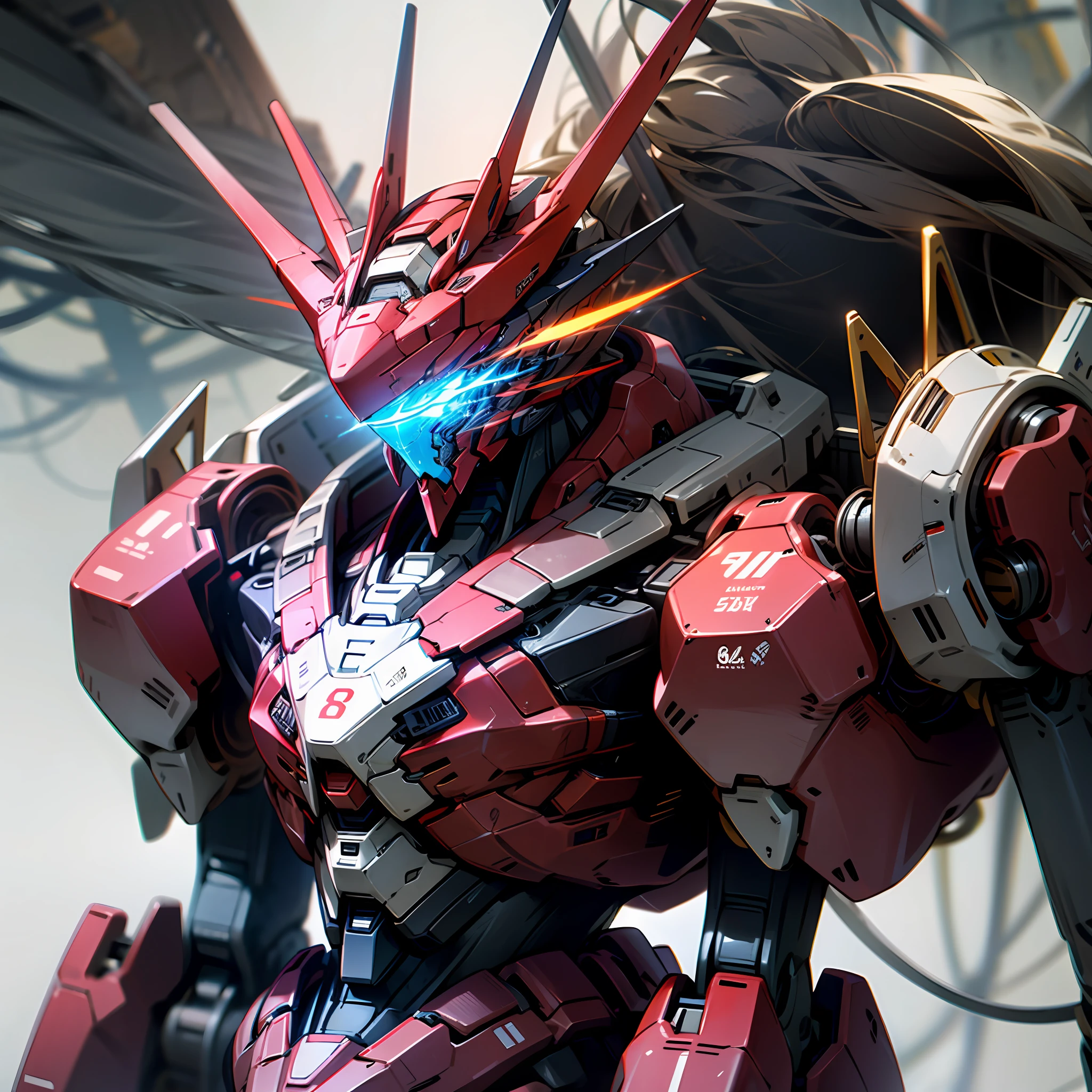 ((Mecha 1.5)) Standing, blue and red color scheme, close-up, 8K highest quality, blue eyes, glowing lines on the body, strong