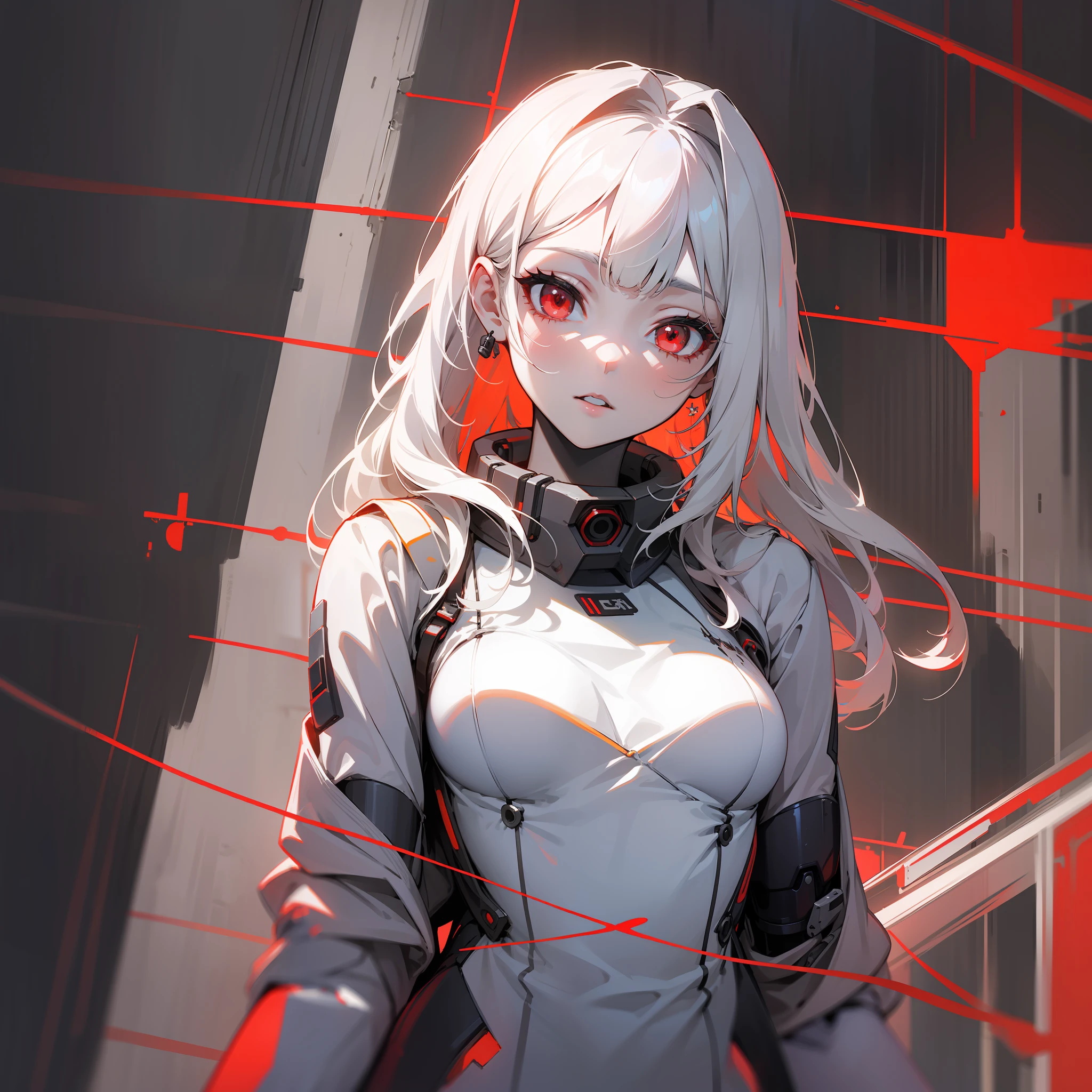 Best quality mode，The picture is fine，Cyberpunk style，Beautiful teenage girl，White is the main color，Red is a sub-hue，whaite hair，red pupils，Snow-white skin，Dressed in mechs，half-body portrait，Extreme refinement