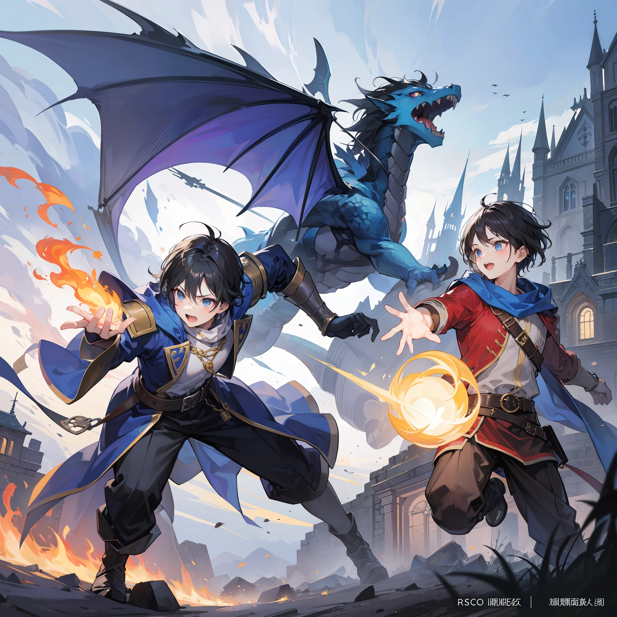 masterpiece, top-quality, One boy fights monsters、The brave、adventurer、Detailed and cheerful face、cheerful eyes、The brave、fights、Sword and sorcery fantasy、in isekai、(((Hold the magic sword)))、blue cloak、FULL BODYSHOT、Dynamic Poses、Dynamic angles、Old Castle of the West、Costume of the brave、hero、Midnight、Foggy、RPG、Dragon quest、summoner、Flying Light、Flying flames、
